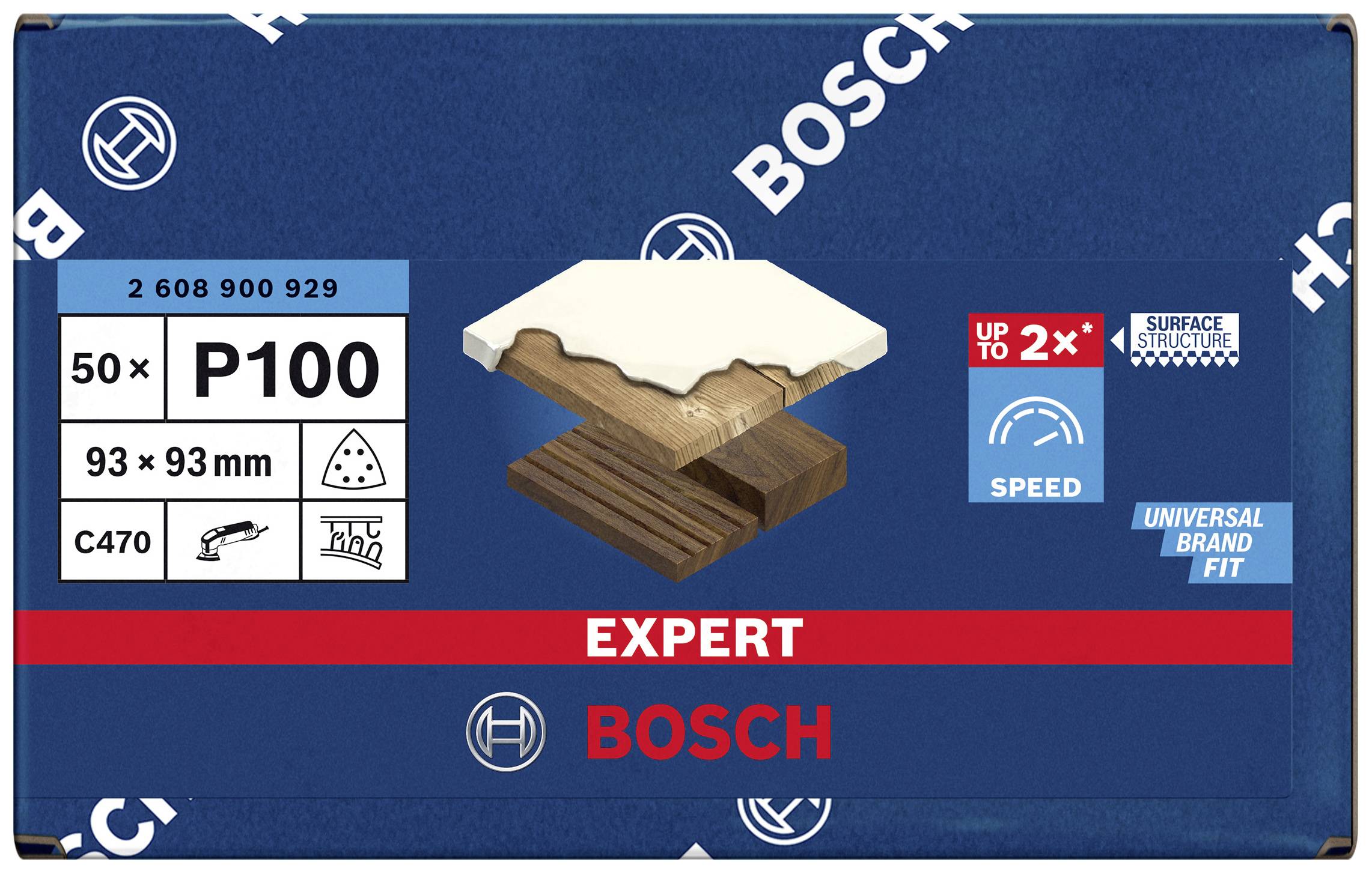 Balenie brúsneho papiera Bosch, P100, 50 listov, 93 x 93 mm, vhodné pre drevo, zvyšuje efektivitu brúsenia.