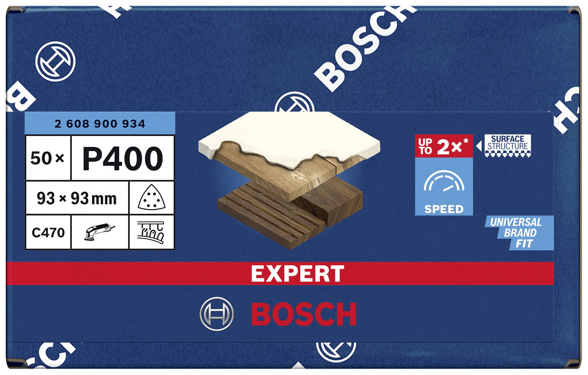 Balenie zobrazuje brúsny papier značky Bosch, zrnitosť P400, rozmer 93x93 mm, vhodný na drevo a farbu, s vysokým brúsnym výkonom.