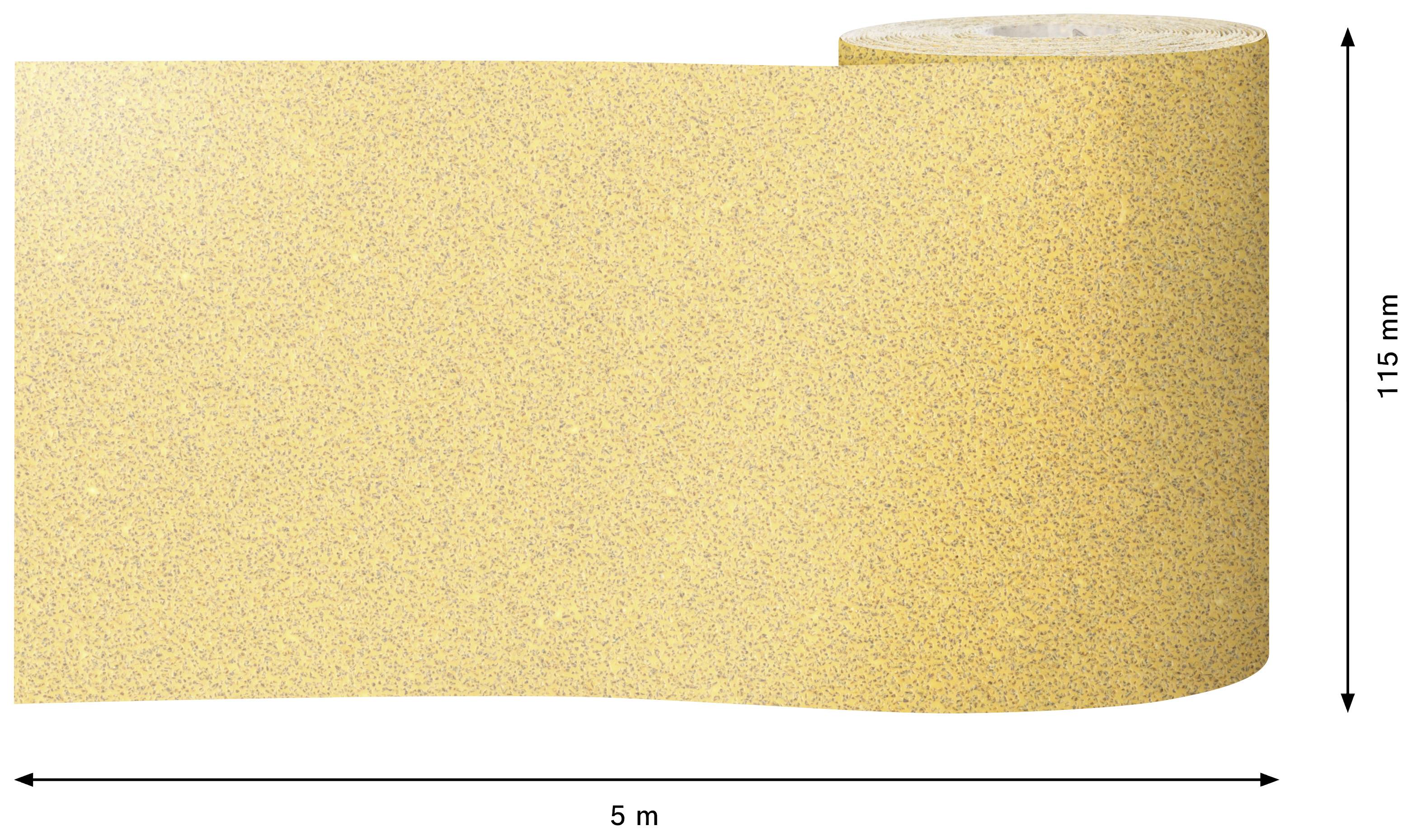 Zobrazuje sa žltý brúsny papier v rolke, dlhý 5 metrov a široký 115 mm.