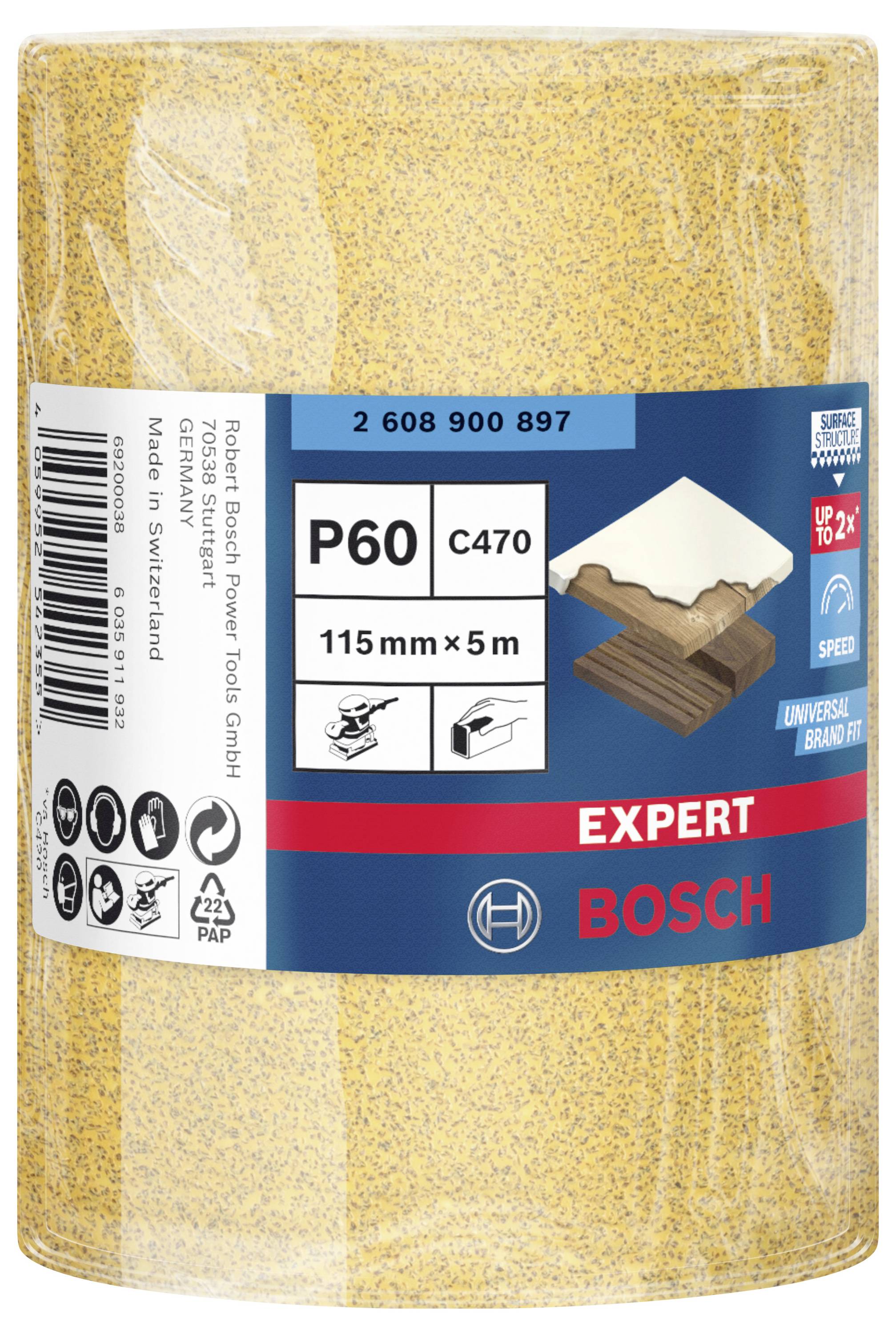 Brúsny papier na rolke od Bosch, zrnitosť P60, vhodný na drevo a lak, rozmery 115 mm x 5 m, vyrobené vo Švajčiarsku.
