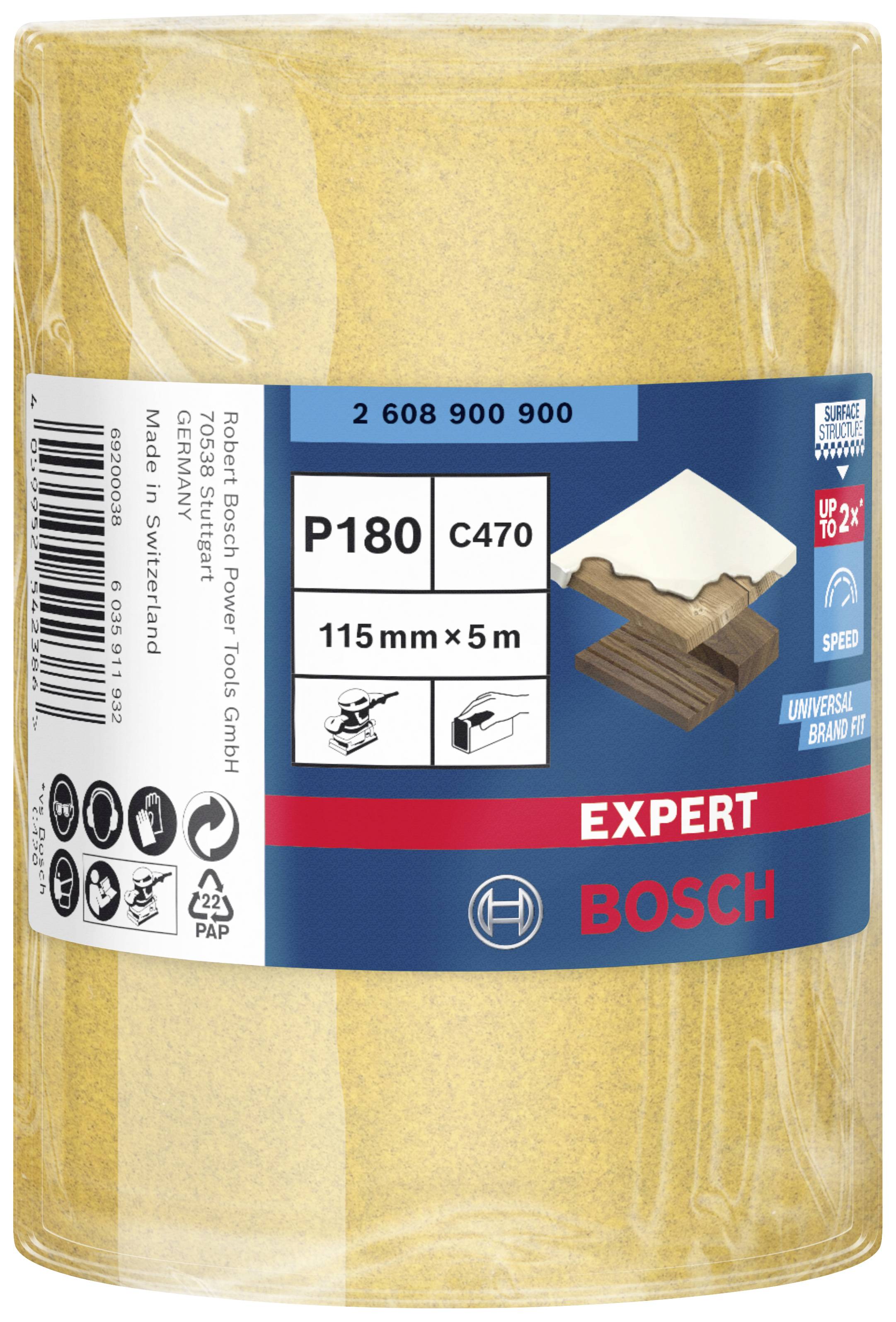 Brúsny papier v rolke od Bosch, zrnitosť P180, 115mm x 5m, vhodný pre prácu s drevom. Obsahuje aplikačné symboly a informácie o výrobcovi.
