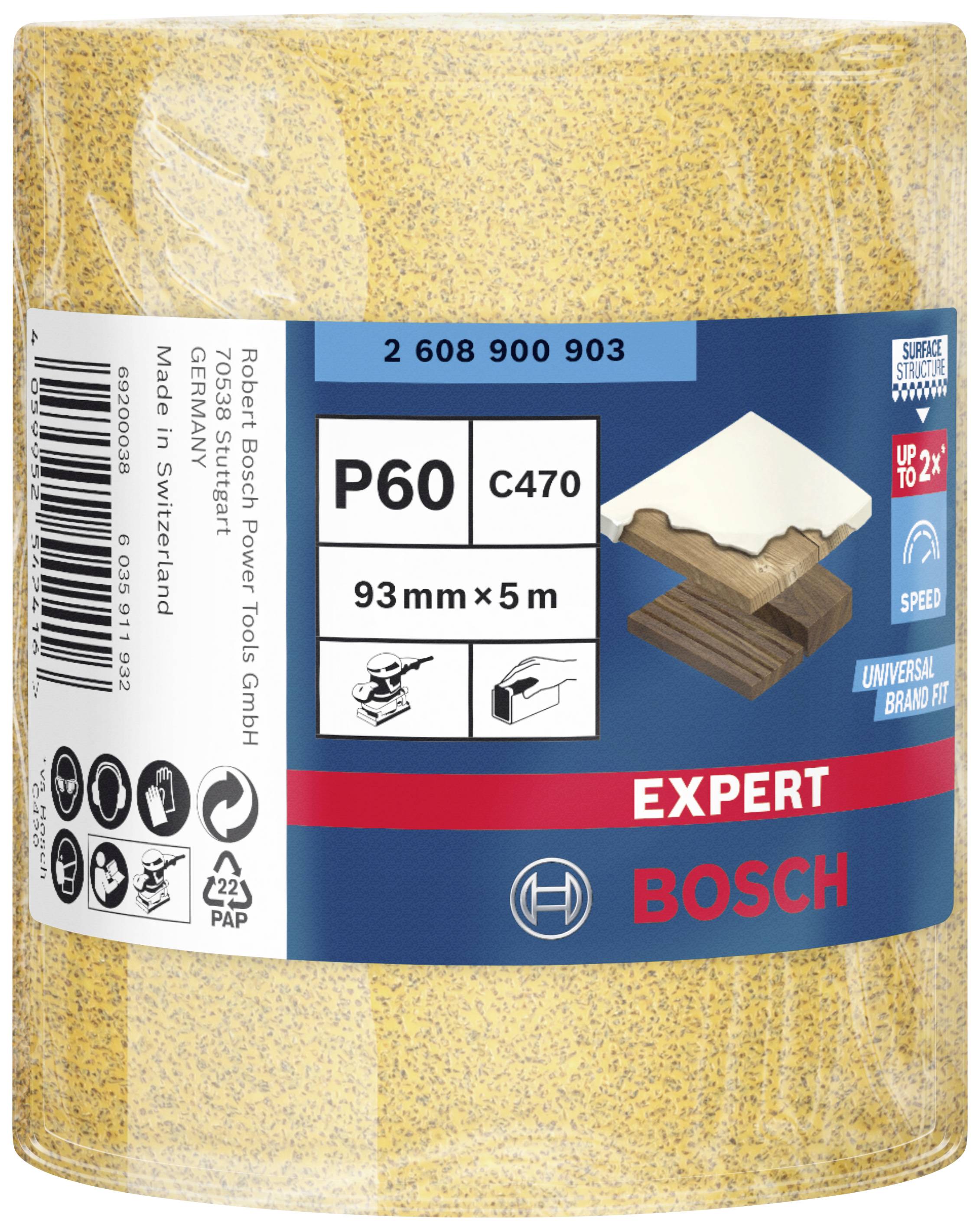 Brúsny papier v rolke od Bosch, zrnitosť P60, 93 mm x 5 m, vhodný pre prácu s drevom. Obal zobrazuje použitie a špecifikácie.