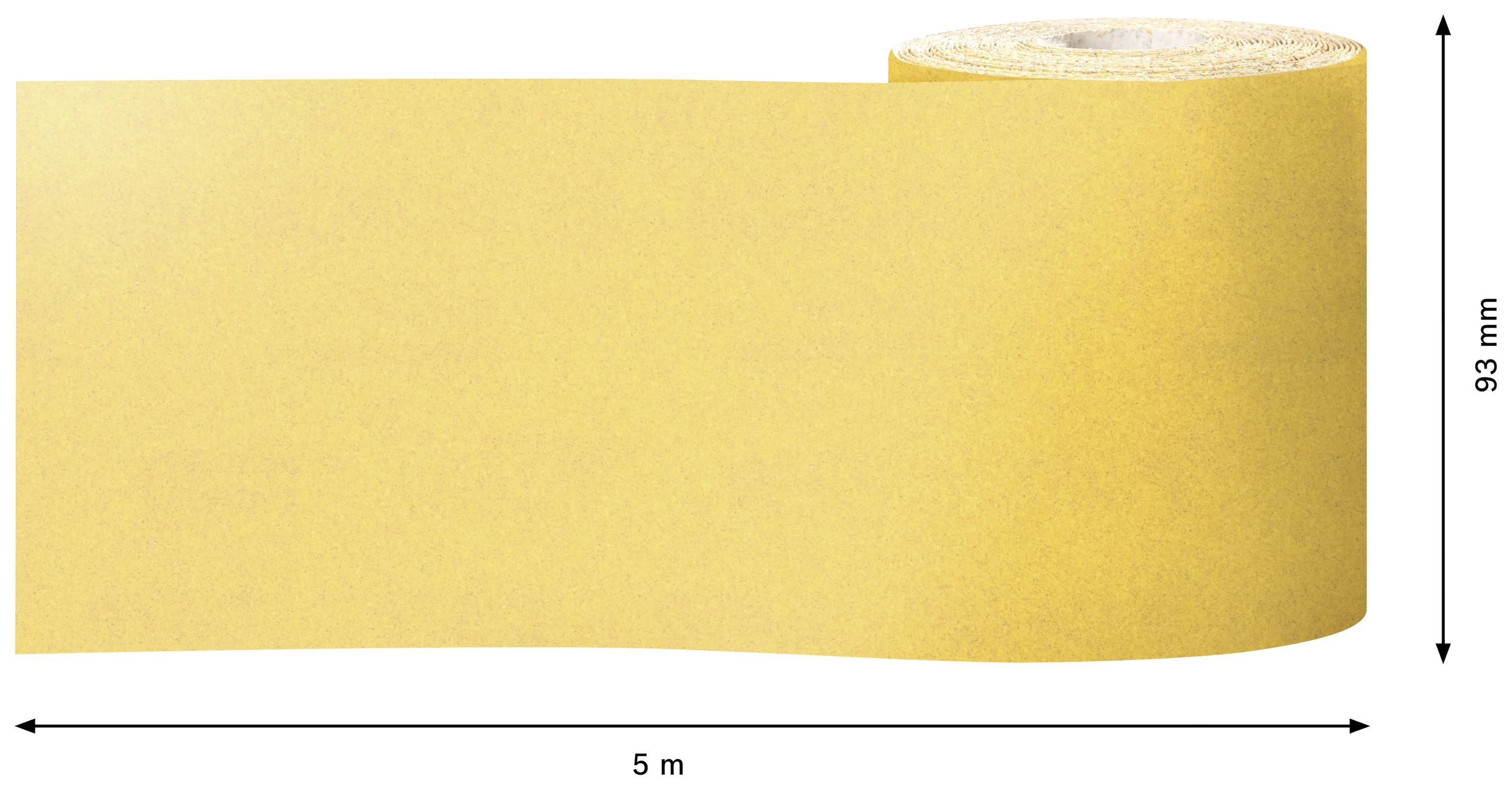 Žltá rolka lepiacej pásky, dlhá 5 metrov a široká 93 milimetrov, leží rozvinutá na povrchu.