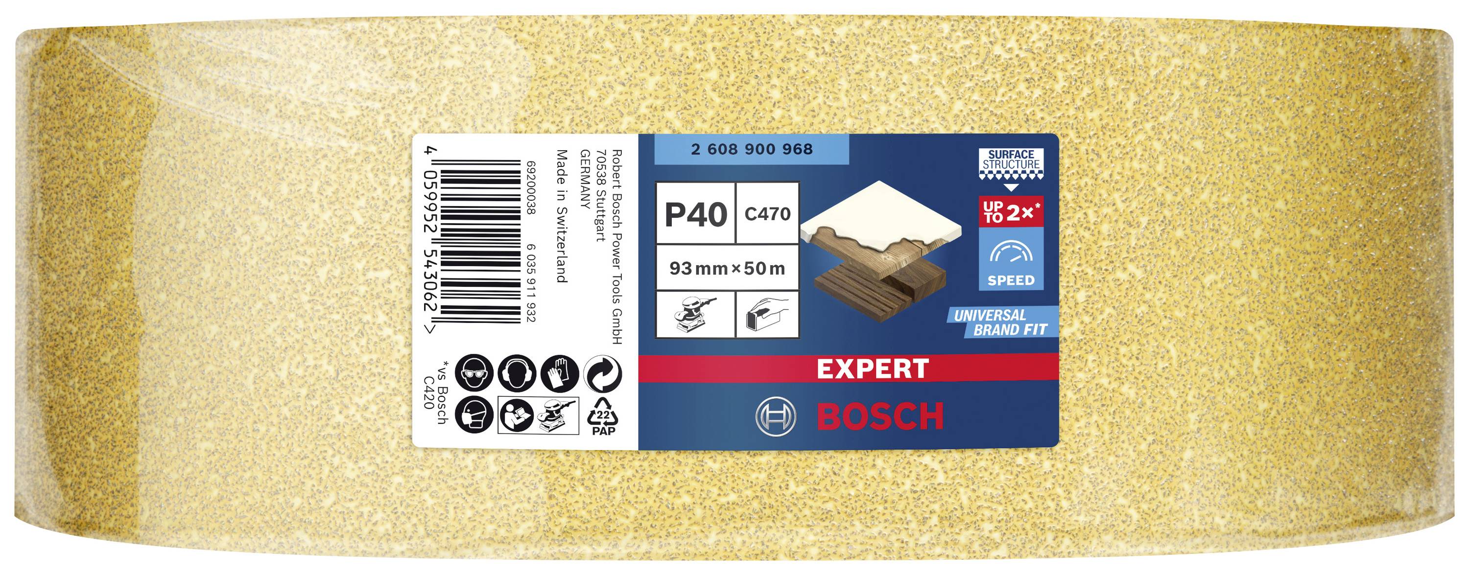 Brúsny papier Bosch so zrnitosťou P40 na drevo a kov, 93 mm x 50 m, balený v zlatej rolke.