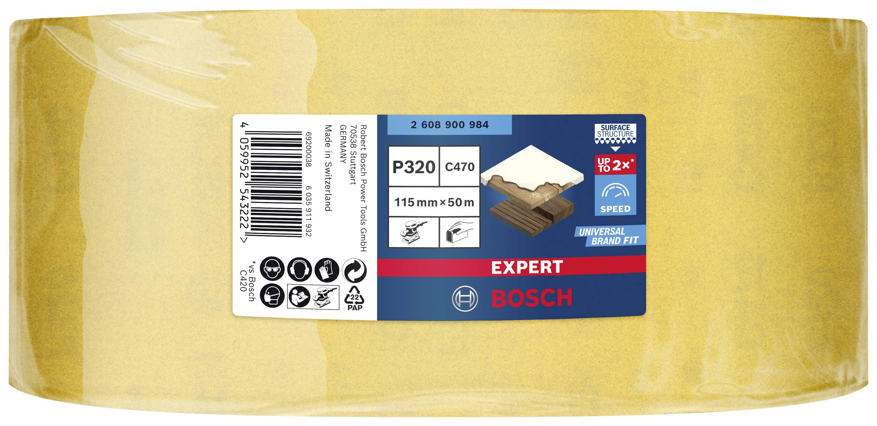 Brúsny papier Bosch 'Expert', zrnitosť P320, 115 mm x 50 m, vhodný pre drevo a lak, zobrazený na obale.