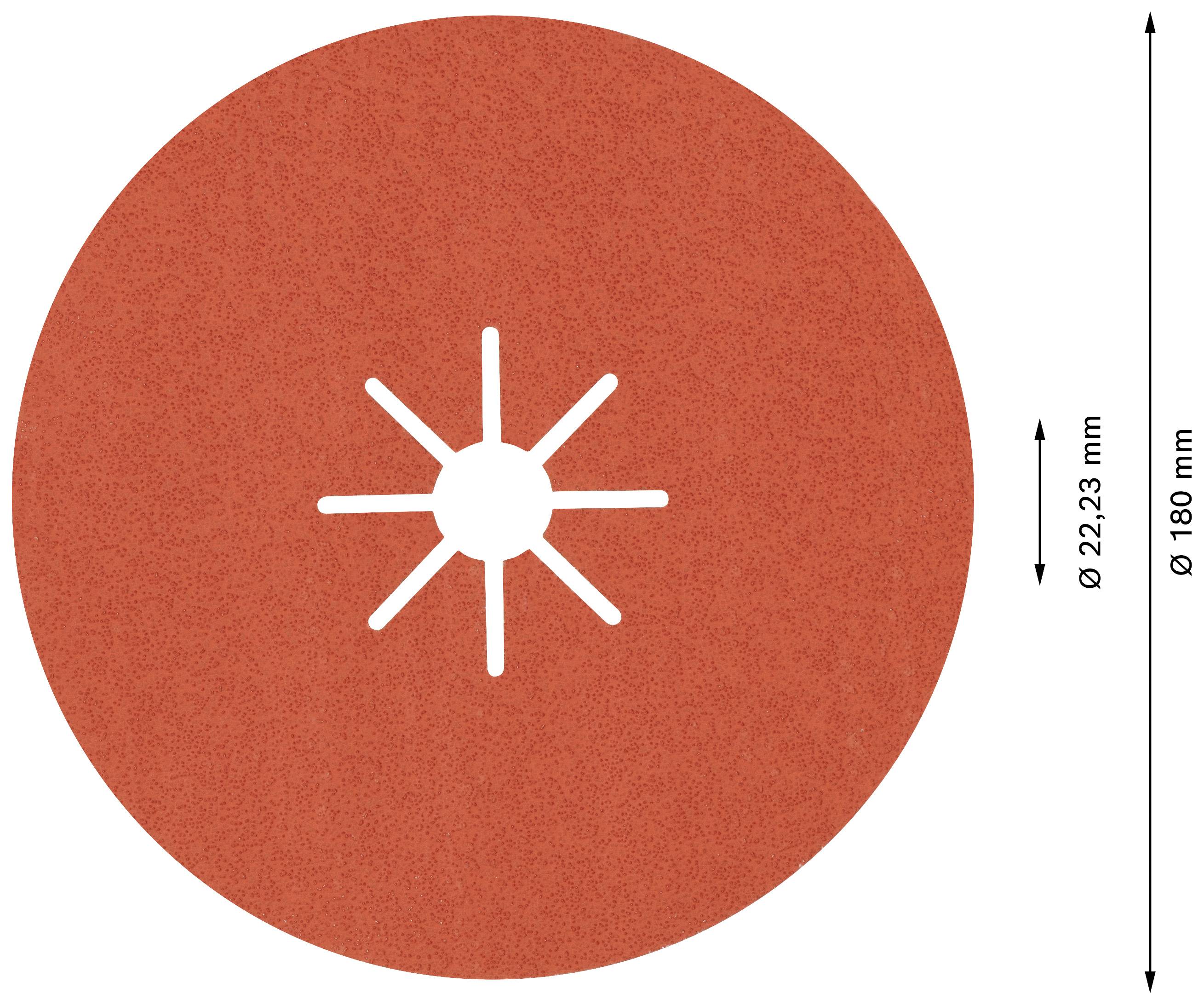 Červený brúsny kotúč s priemerom 180 mm a vnútorným otvorom 22,23 mm. Šesť bielych línií vychádza z centra.