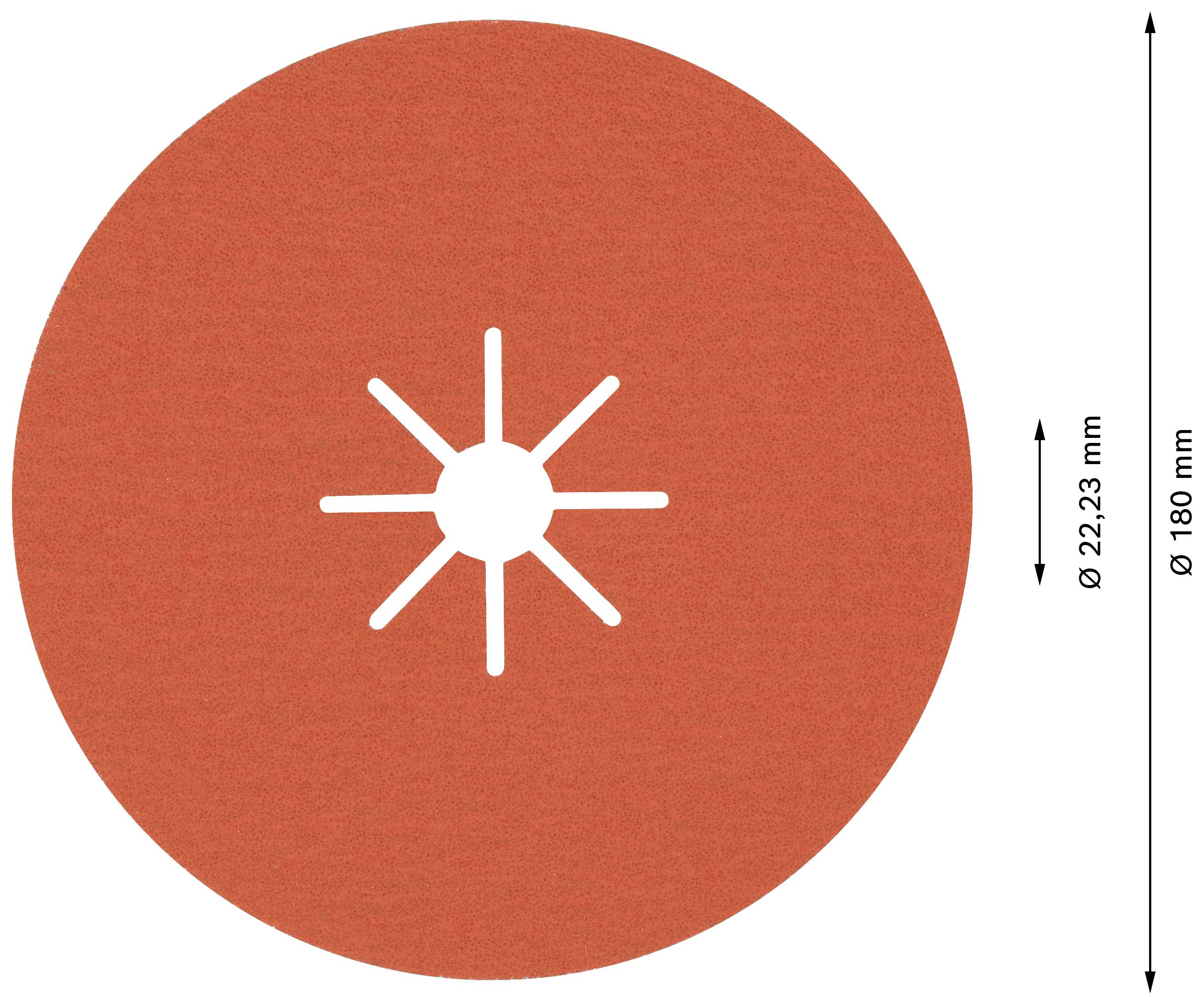 Oranžový brúsny papier v kruhovom tvare s priemerom 180 mm a centrálnym dizajnom vetracích otvorov s deviatimi radiálne usporiadanými otvormi.