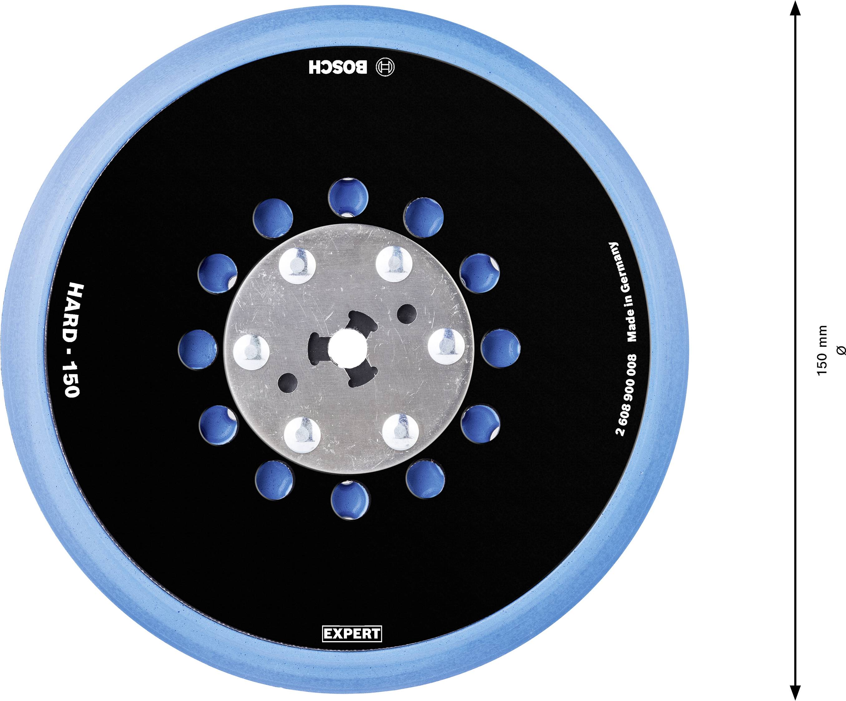 Brúsny kotúč s nápisom 'BOSCH', 'HARD 150', priemer 150 mm, modro-čierny, s viacerými otvormi a skrutkami na montáž.