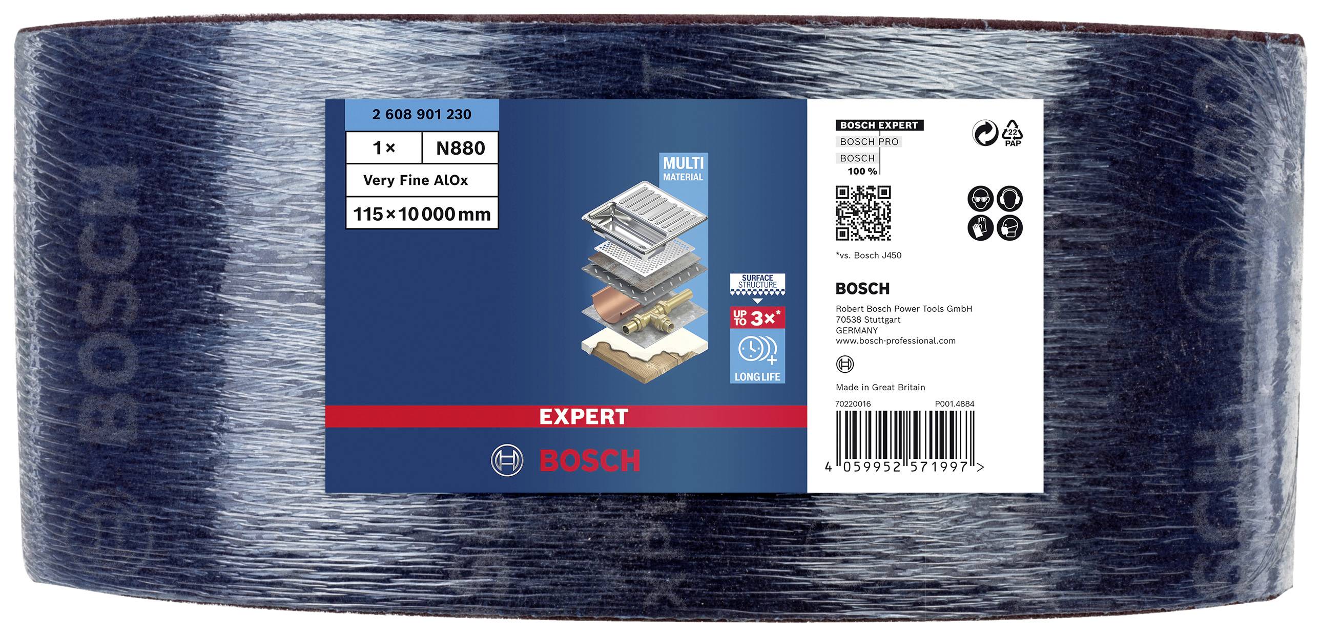 'Bosch brúsny pás Expert, 115x10000mm, Alox-kvalita pre viacúčelové použitie, veľmi jemné zrno. Etiketa s informáciami výrobcu a QR kódom.'