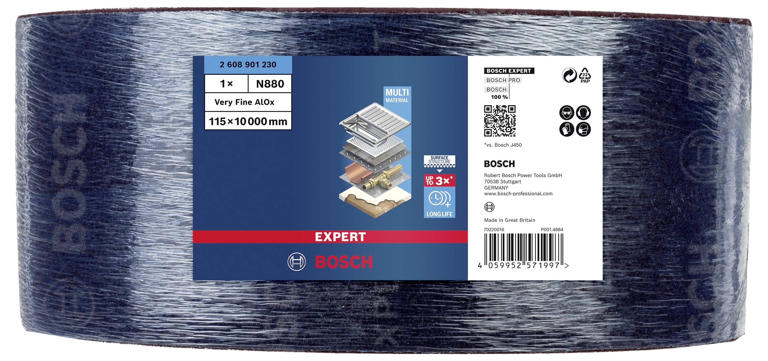 Brúsna rolka Bosch 'Expert' s rozmermi 115 mm x 10.000 mm, vhodná na brúsenie dreva, farieb a kovov.