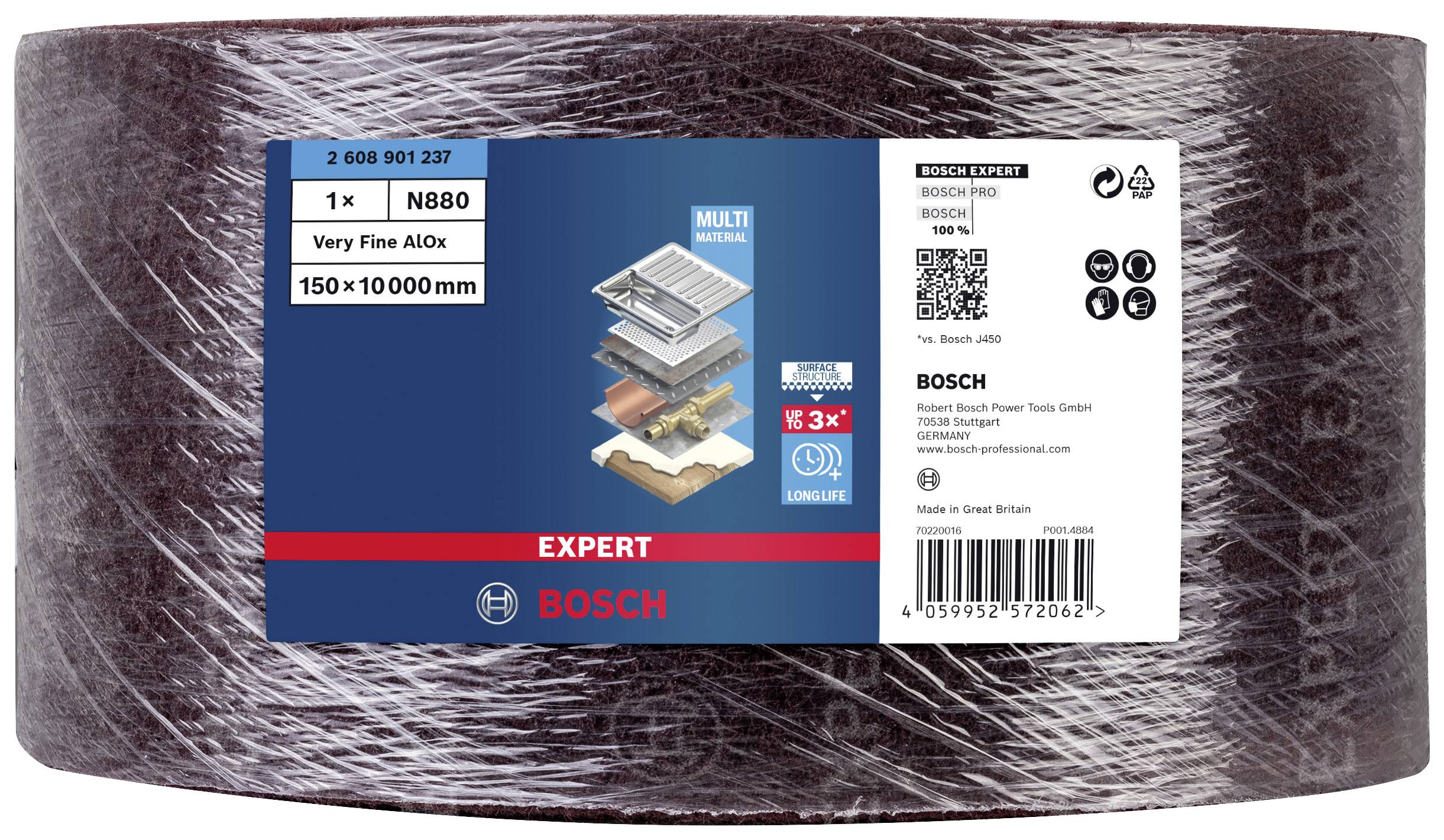 „Rolle Bosch Brúsna textília Expert N880, veľmi jemný zrnitý povrch, 150 mm x 10000 mm, trojnásobne zvyšuje trvanlivosť. Vhodné pre: drevo, kov."