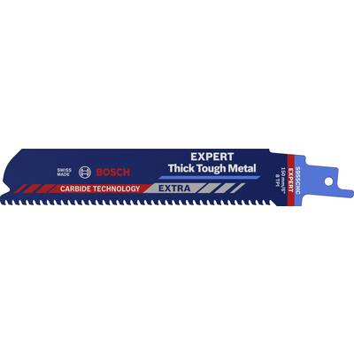 Pílový list s nápisom 'Expert Thick Tough Metal', logom Bosch, určený na tvrdé kovy, so špeciálnou zubovou technológiou, v modrom a červenom dizajne.