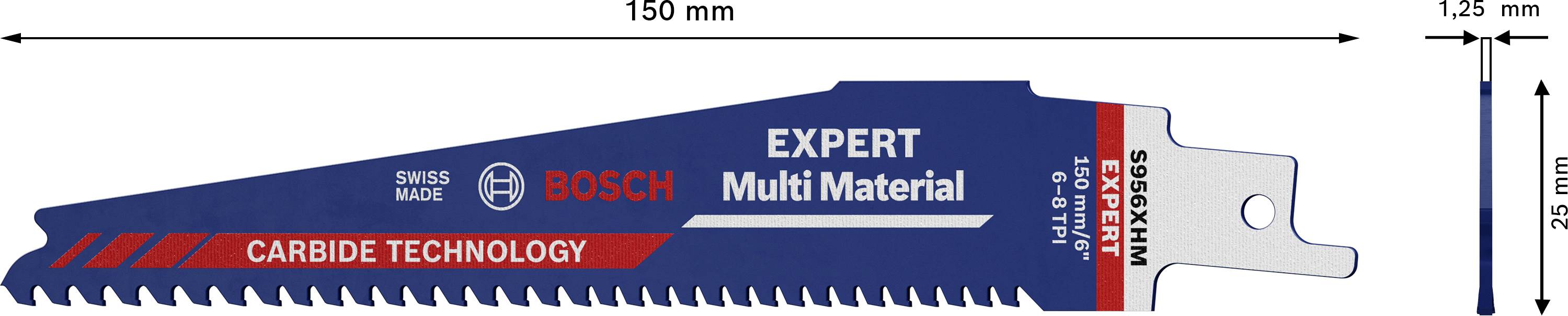 Multifunkčný pílový list od Bosch, 'EXPERT Multi Material', dĺžka 150 mm, šírka 25 mm, hrúbka 1,25 mm, vhodný pre rôzne materiály.