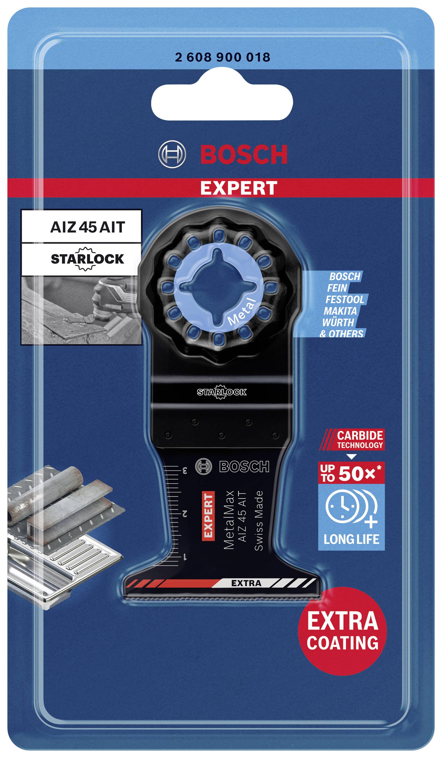 Pílový list 'Bosch Expert AIZ 45 AIT Starlock' v balení, vhodný pre opracovanie kovu. Zvýraznené vlastnosti: špeciálna vrstva a dlhá životnosť.