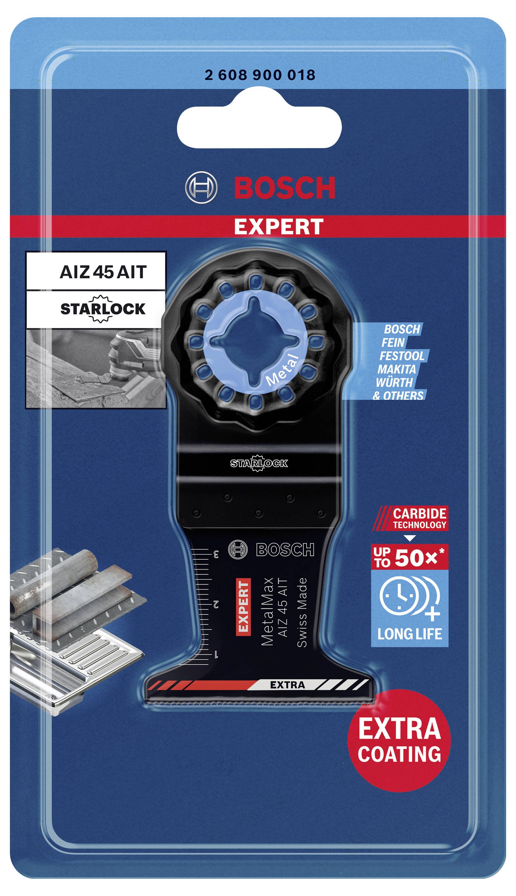 Pílový list 'Bosch Expert' pre multitools v obale. Označenie: 'Extra povlak', 'Až 50x dlhšia životnosť', kompatibilný so systémami Starlock.