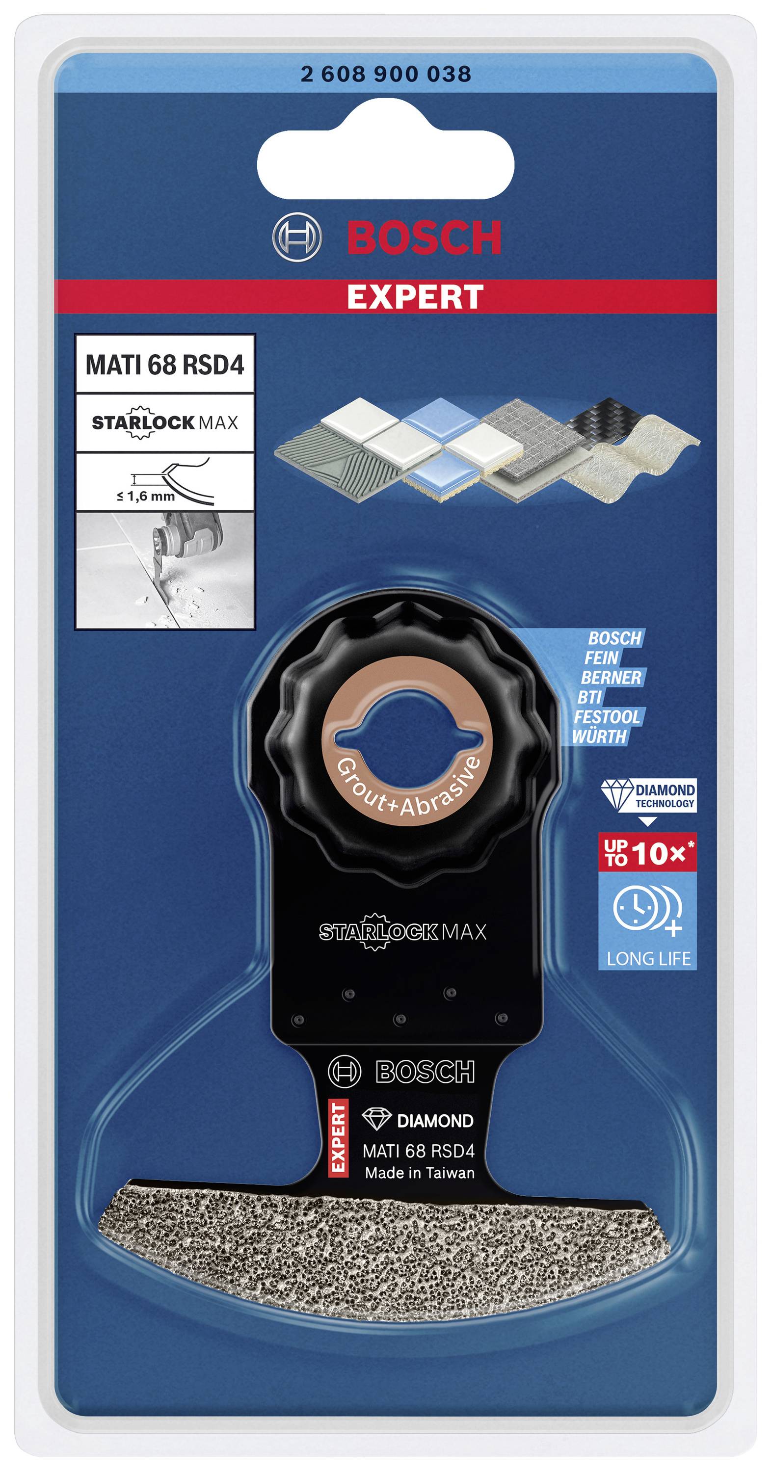 Multifunkčný pílový list Bosch Expert MATI 68 RSD4 v obale, vhodný na dlaždice a škáry, s trvanlivým diamantovým povrchom.