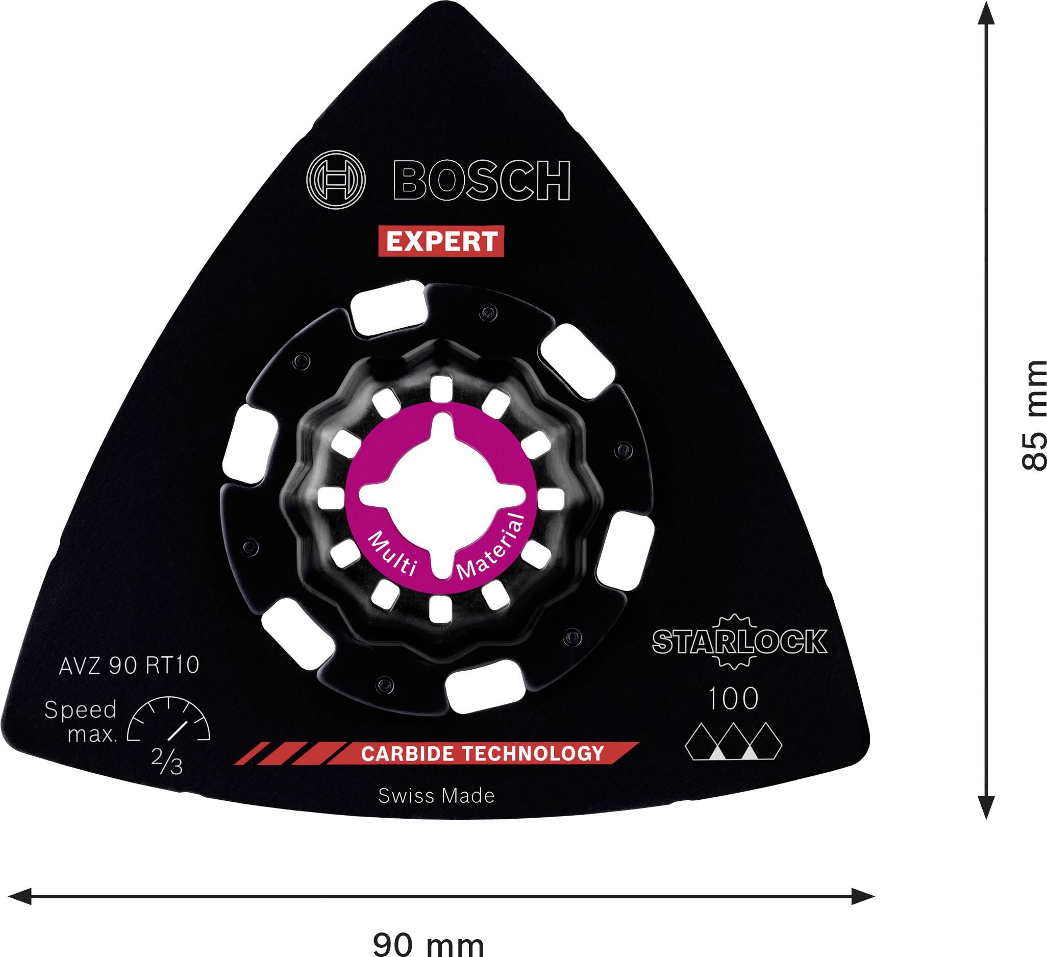 Trojuholníkový multifunkčný pílový list, čierne pozadie, široký 90 mm, vysoký 85 mm. Firemné logá a nápis 'Expert' v červenej farbe.