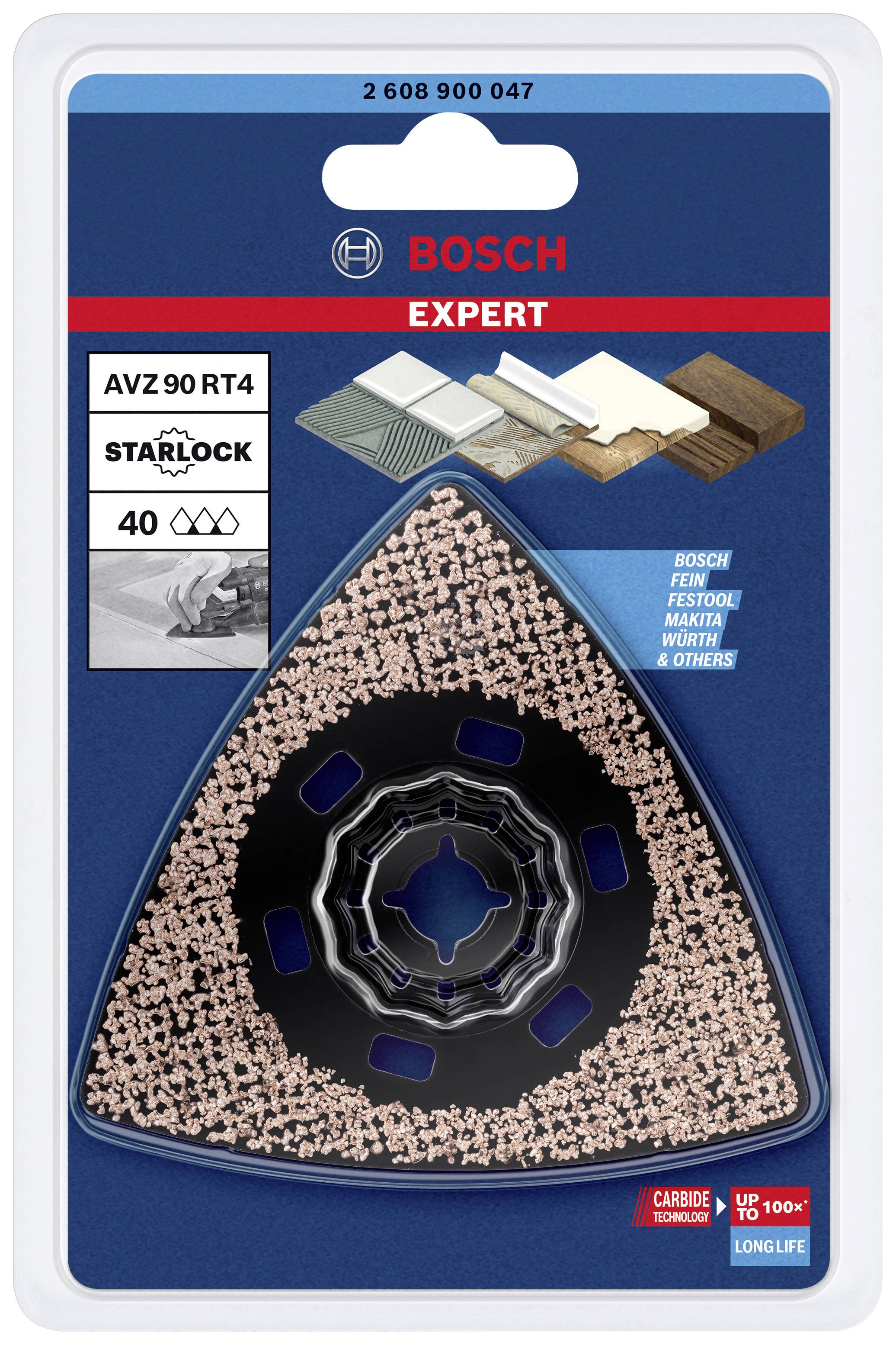 Trojuholníková brúsna podložka Bosch Expert AVZ 90 RT4, vhodná pre práce na dreve a kove, kompatibilná so systémom Starlock.