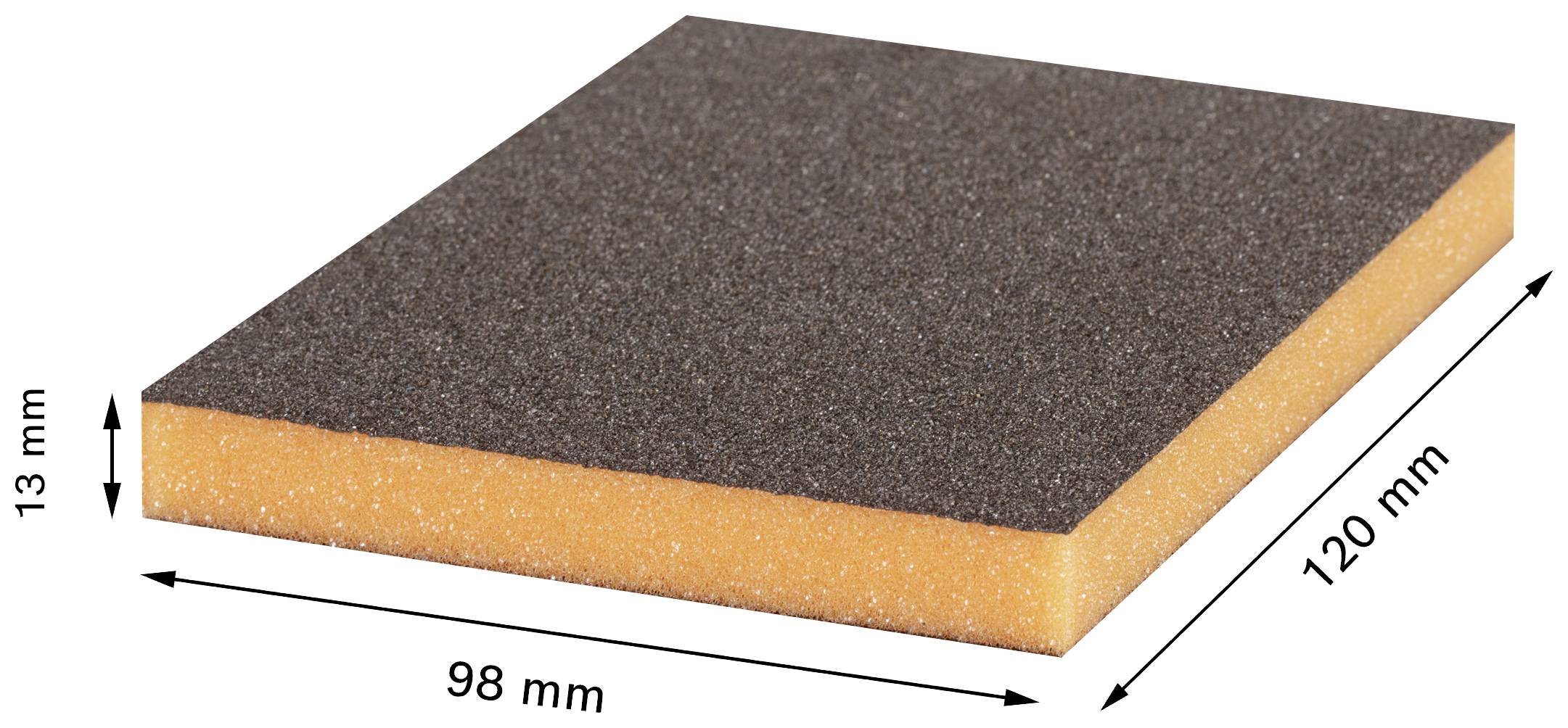 Pravouhlá brúsna špongia s čiernym povrchom, rozmery: 120 mm x 98 mm x 13 mm.