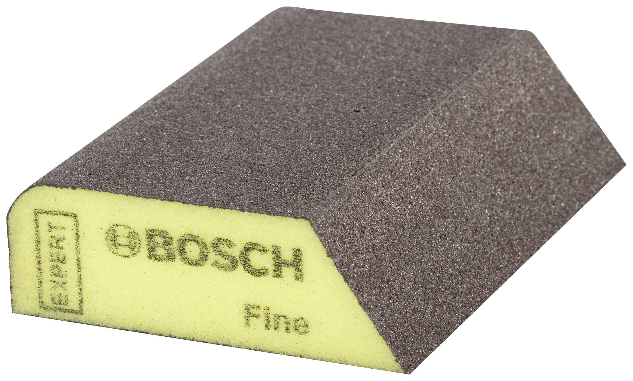 Brúsna hubka so žltým jadrom a sivým povrchom, potlačená nápisom 'Bosch Expert Fine', vhodná na jemné brúsenie povrchov.