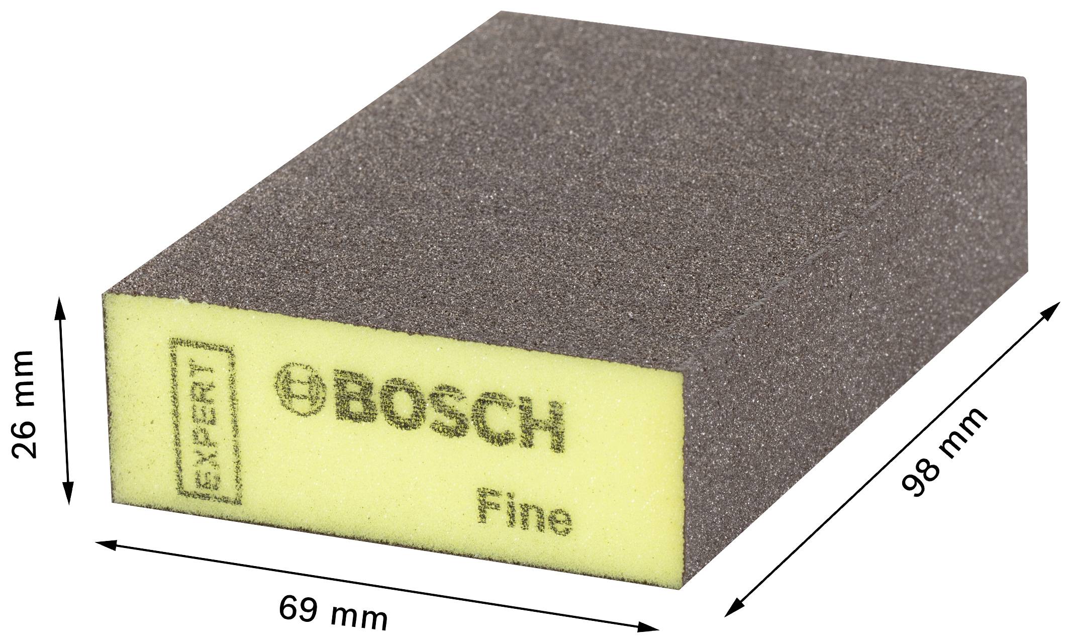 Obdĺžnikový brúsny špongiový blok BOSCH, 98x69x26 mm, potlačený nápisom "EXPERT Fine".