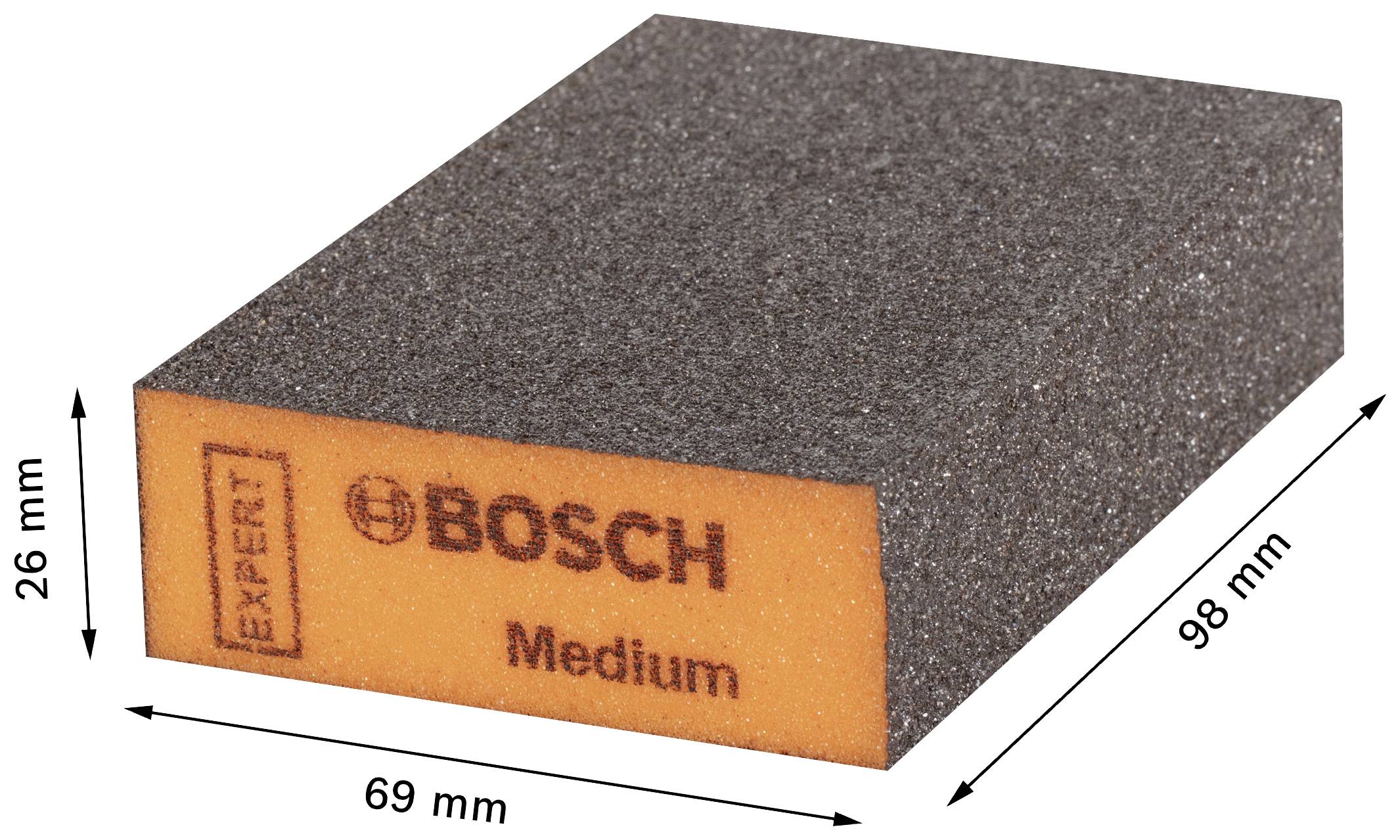 Obdĺžniková brúsna špongia od Bosch, oranžová s nápisom 'EXPERT' a 'Medium'. Rozmery: 98 mm x 69 mm x 26 mm.