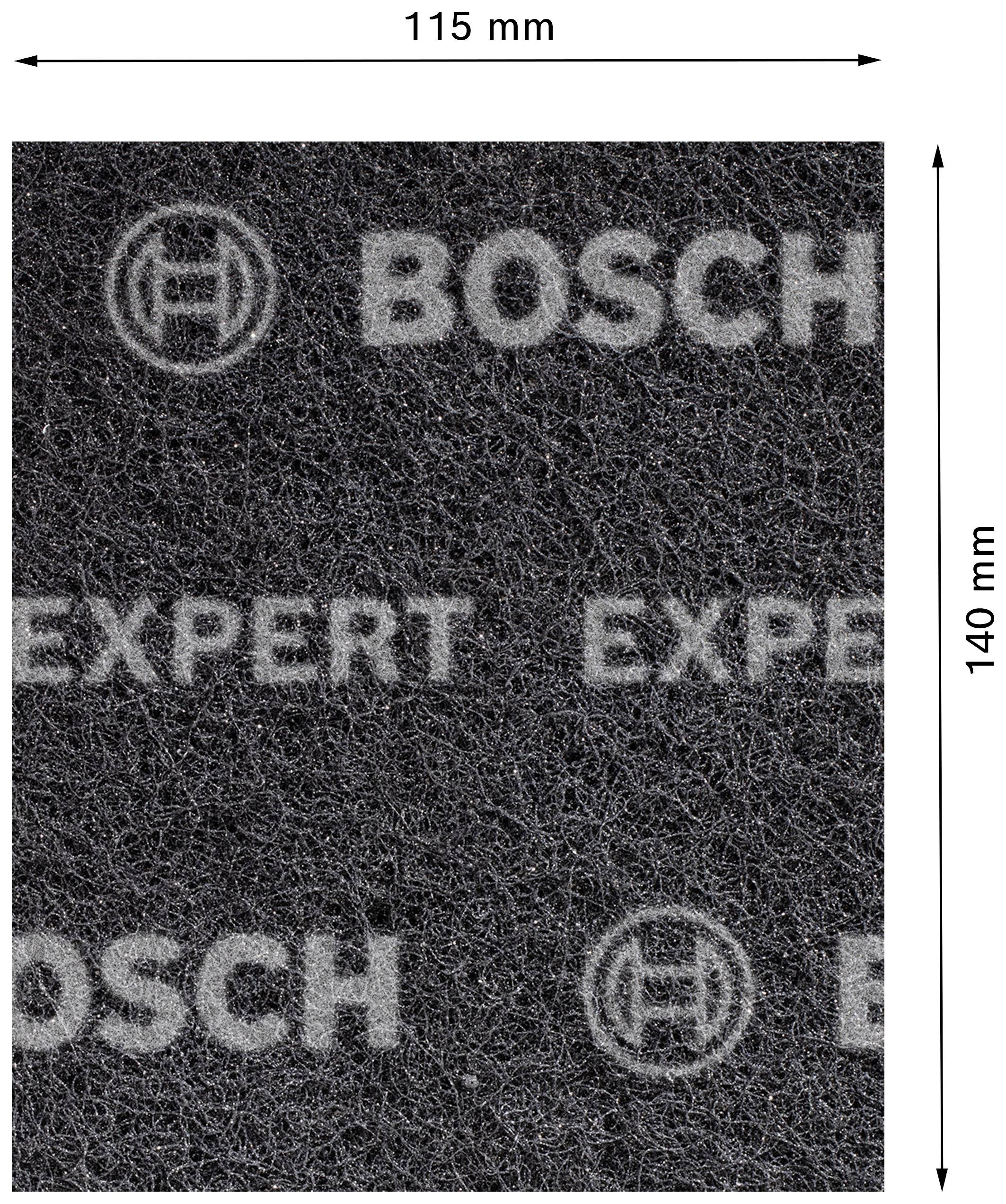 Priemyselný brúsny podložka Bosch, 115 mm x 140 mm. Na podložke je niekoľkokrát vyobrazené logo Bosch a slovo 'Expert'.