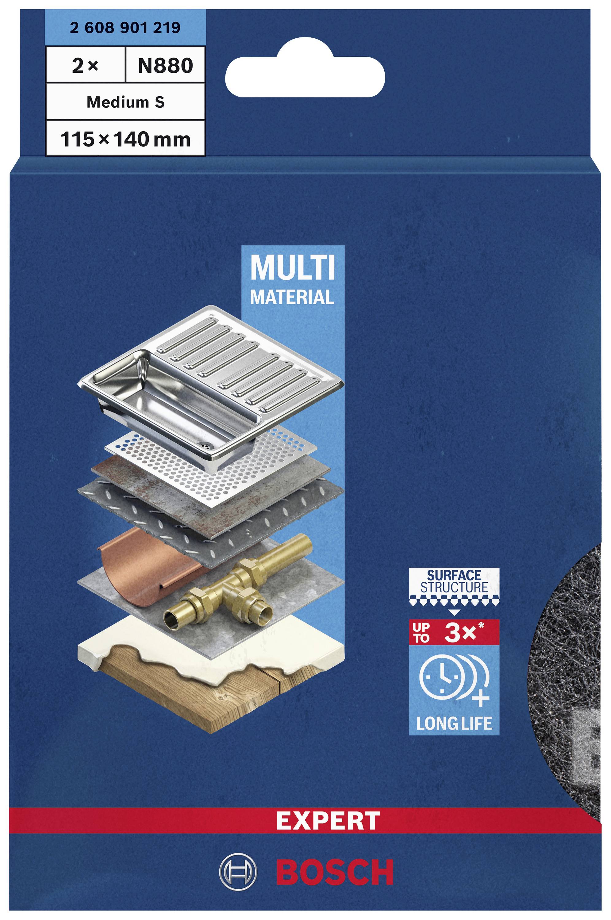 'Balenie brúsneho papiera Bosch: Multi-Materiál, stredná drsnosť S. Obsahuje 2 kusy, N880, 115 x 140 mm, pre dlhšiu životnosť.'