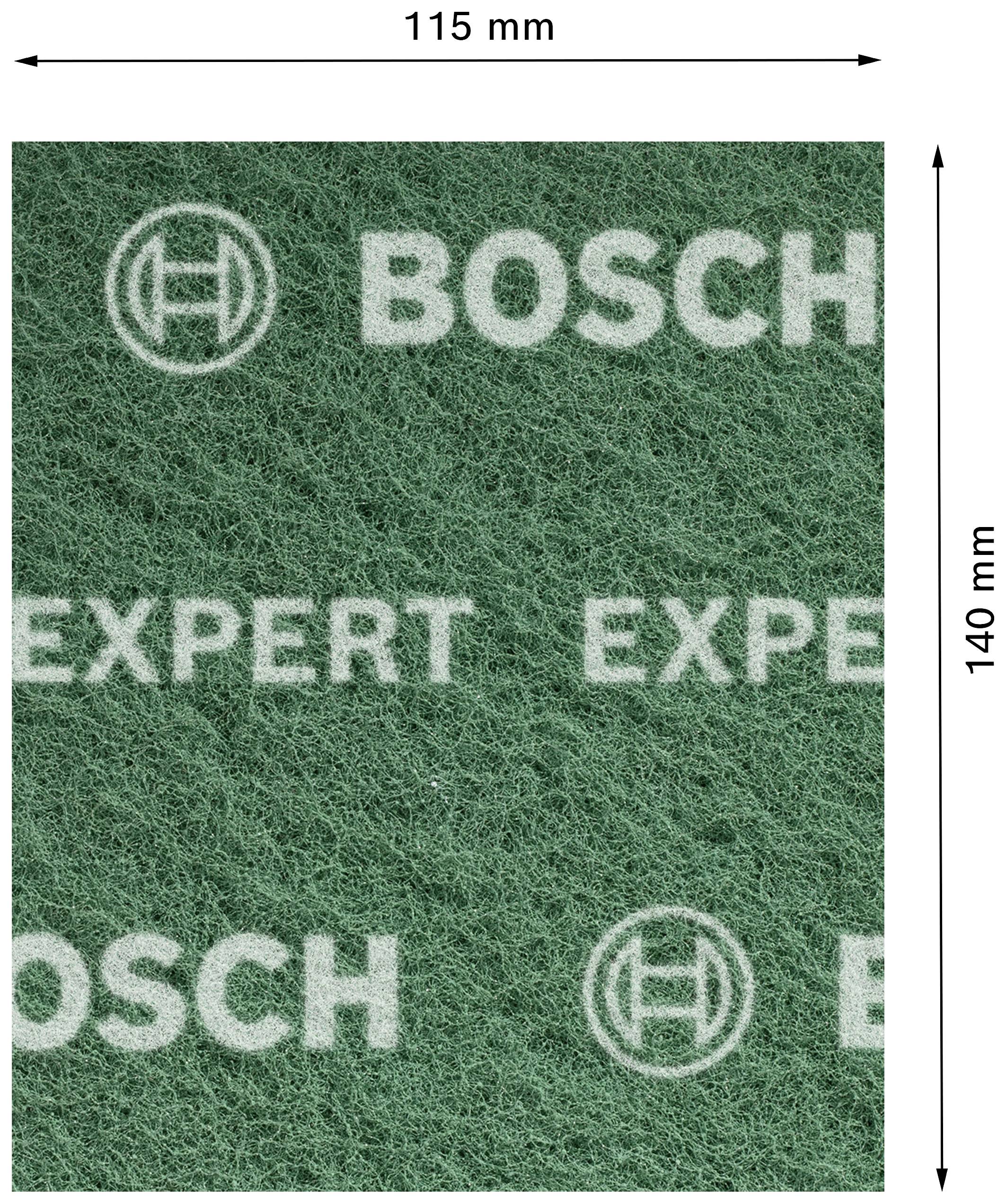 Brúsny kotúč Bosch Expert, zelený, obdĺžnikový, rozmery: 115 x 140 mm. Ideálny pre povrchovú úpravu.