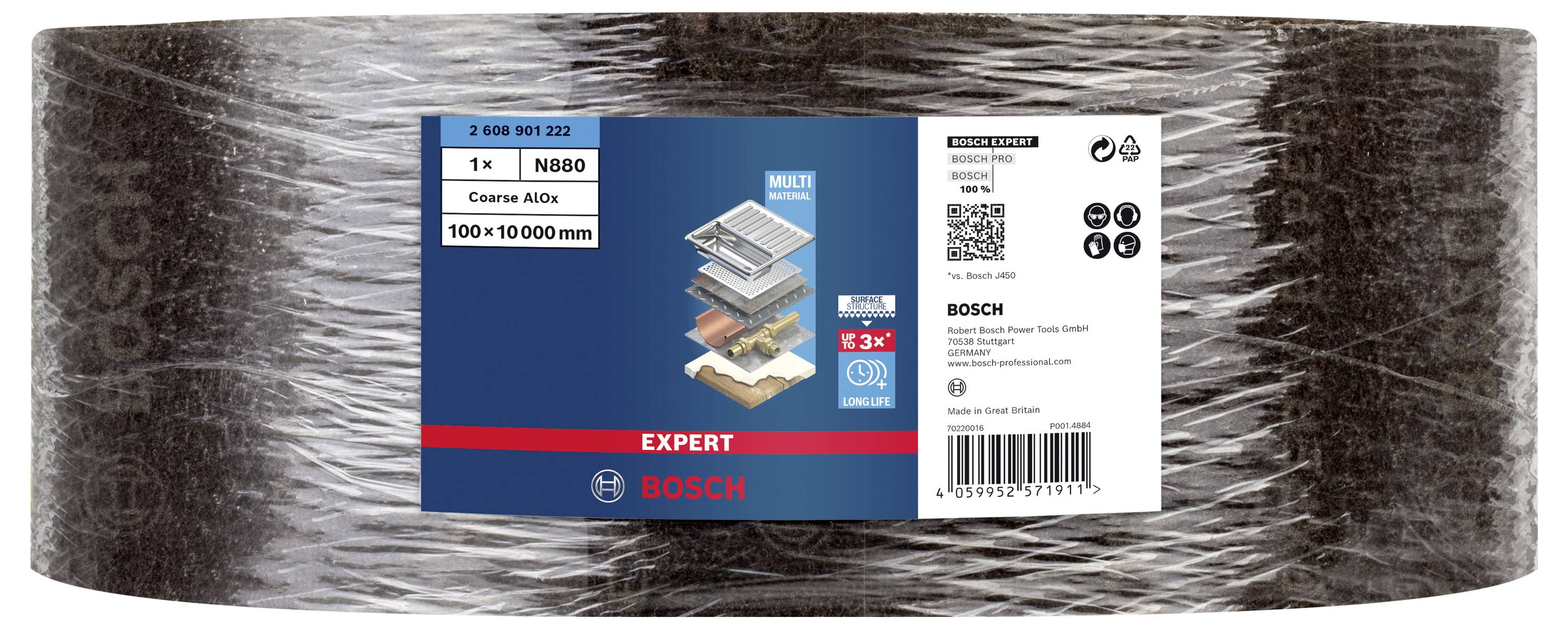 Brúsny pás značky Bosch, séria 'Expert', zrnitosť N800, vhodný na brúsenie dreva a kovu. Balenie obsahuje príklady použitia.