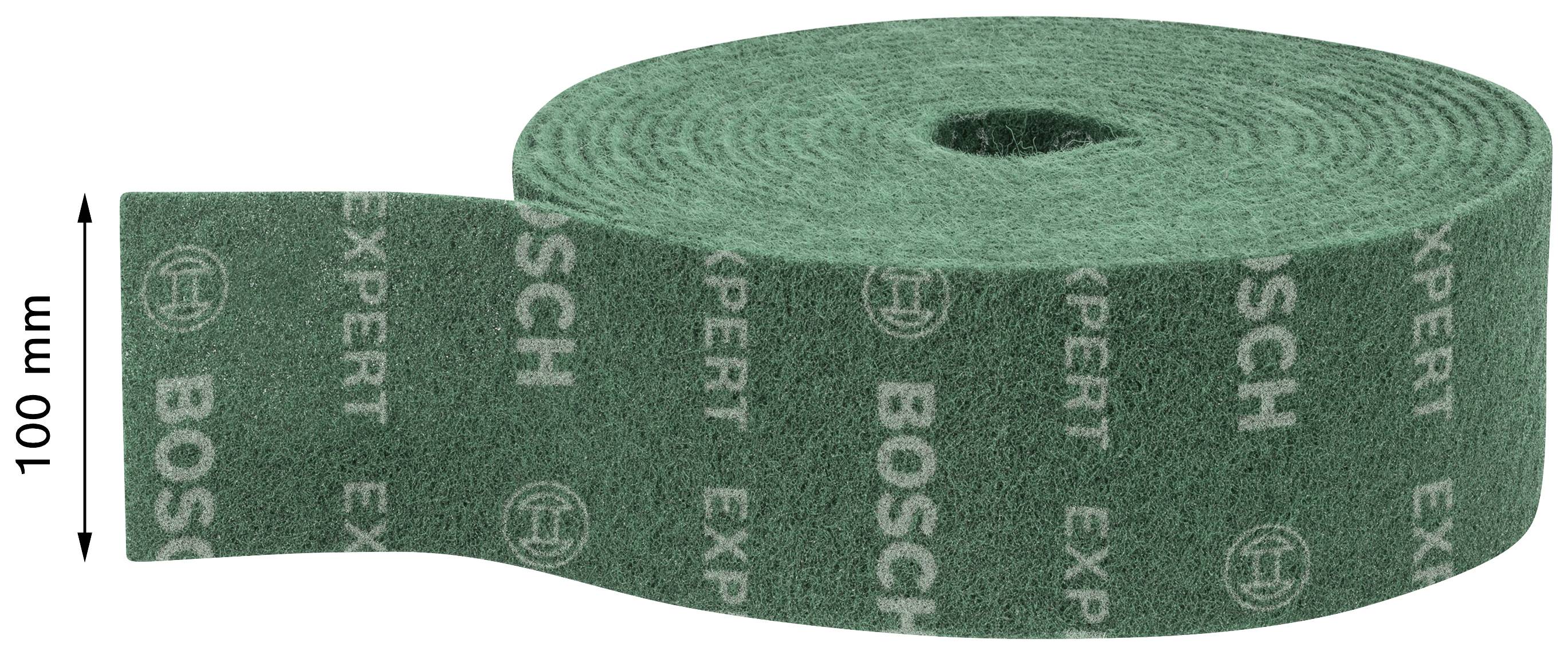 Zelená brúsna rolka s nápisom 'BOSCH EXPERT'. Šírka: 100 mm. Vhodná na hrubé brúsenie a prípravu povrchu.