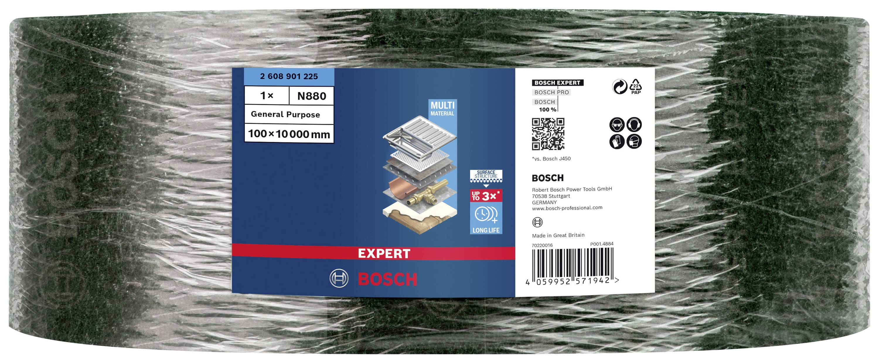 Etiketa na brúsnej role ukazuje značku 'BOSCH', model 'N880', rozmery '100 x 10000 mm' pre všeobecné použitie.