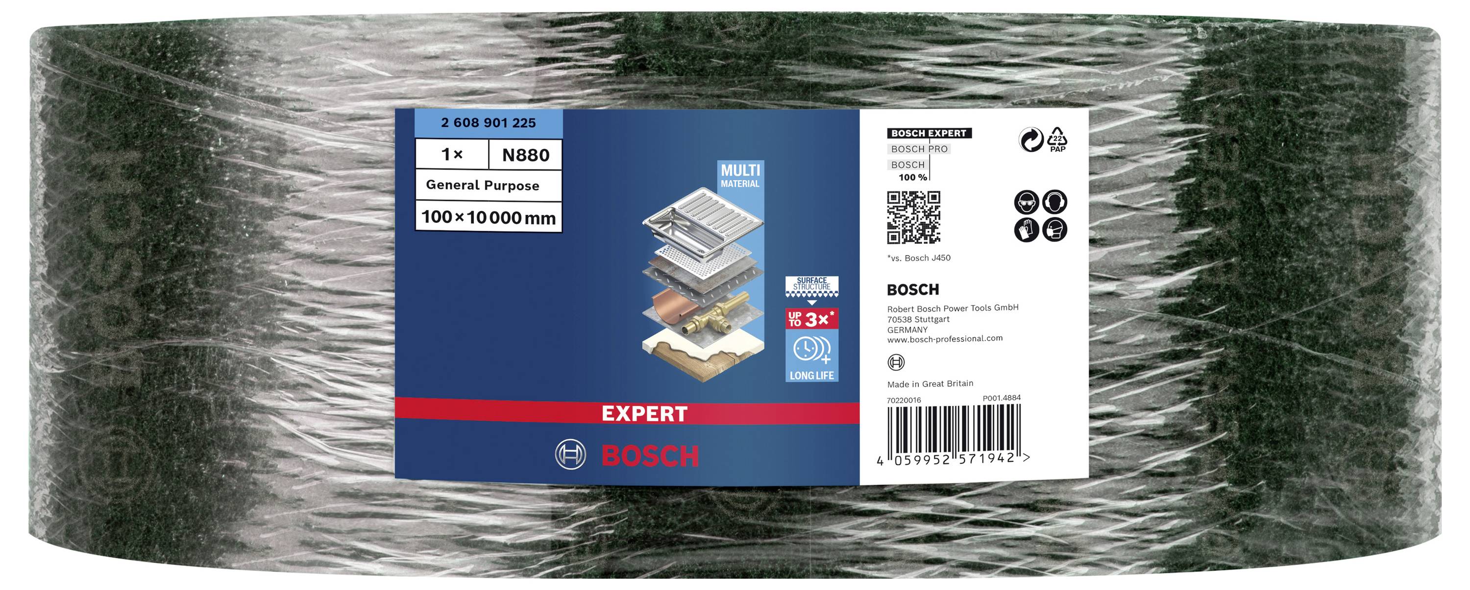 Kotúč brúsneho pásu značky Bosch, vhodný pre rôzne materiály. Etiketa zobrazuje názov značky, veľkosť a použitia.