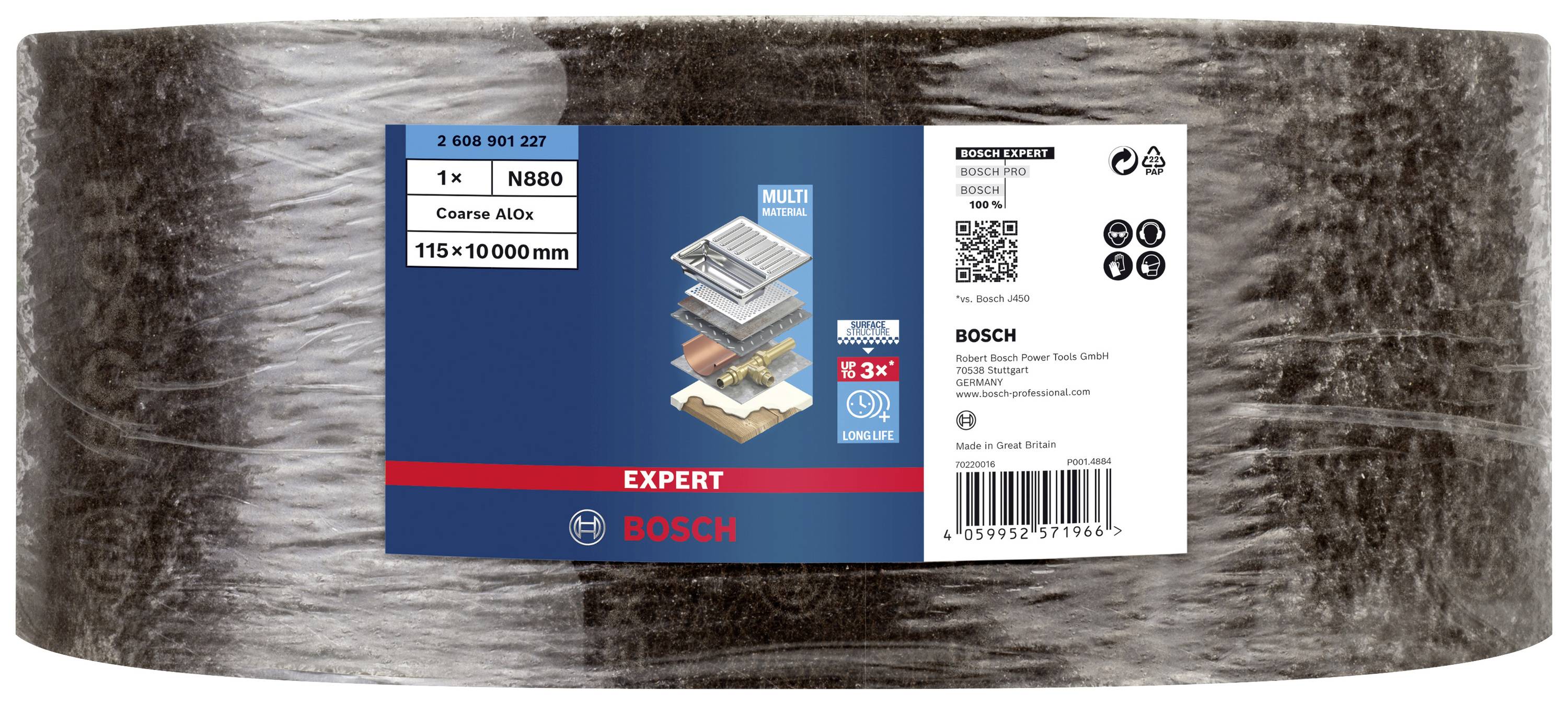 Uzavretý balík brúsneho rúna Bosch, vhodný pre rôzne materiály. Etiketa zobrazuje produktové kódy a návod na použitie.