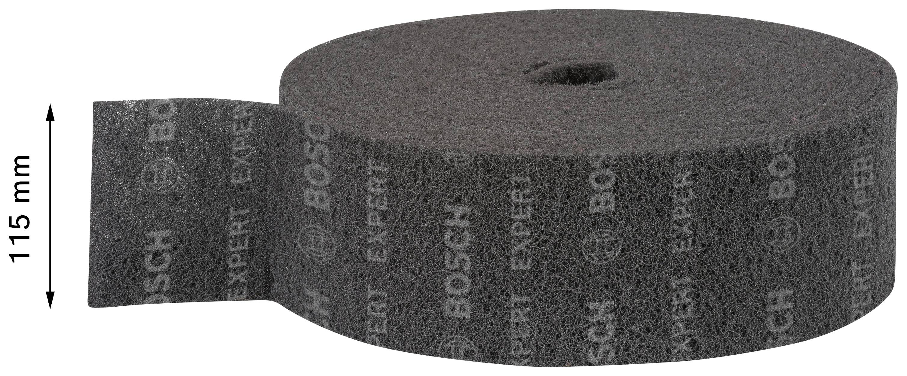 Sivý brúsny rúnový kotúč, široký 115 mm, s vytlačeným logom 'Bosch Expert', vhodný na povrchovú úpravu.