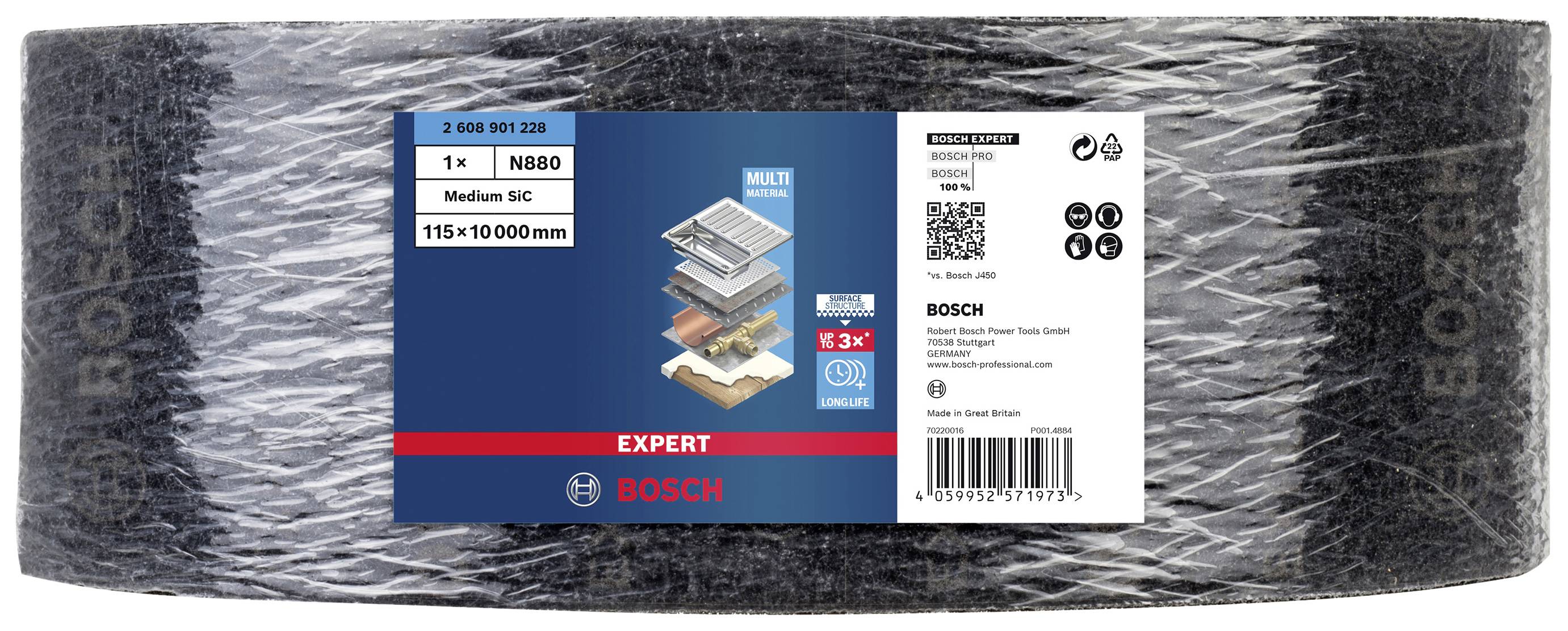 Balenie kotúčov brúsneho rúna značky Bosch, vhodné na spracovanie materiálov, so špecifikáciami a čiarovým kódom na etikete.