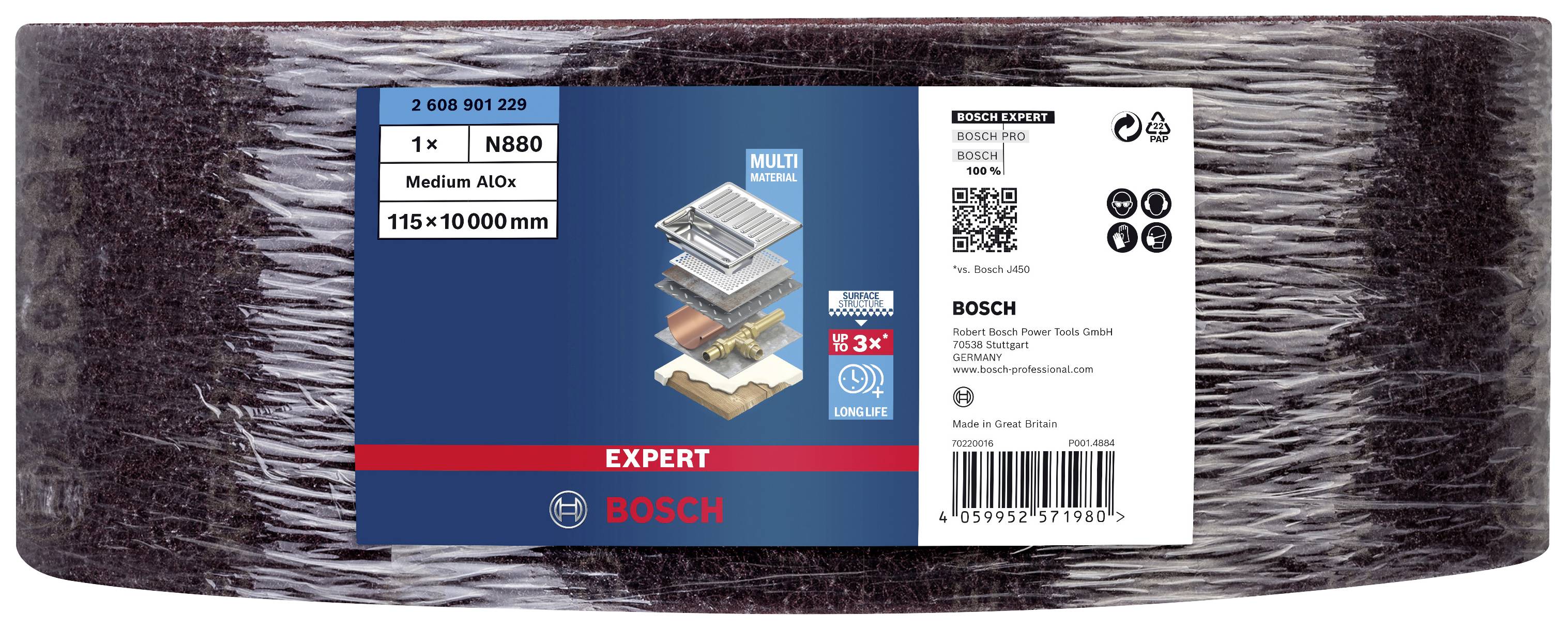 Brúsny pás Bosch 'EXPERT N880', 115x10000mm, stredná zrnitosť AD+, na kov, s produktovými informáciami a QR kódom na obale.