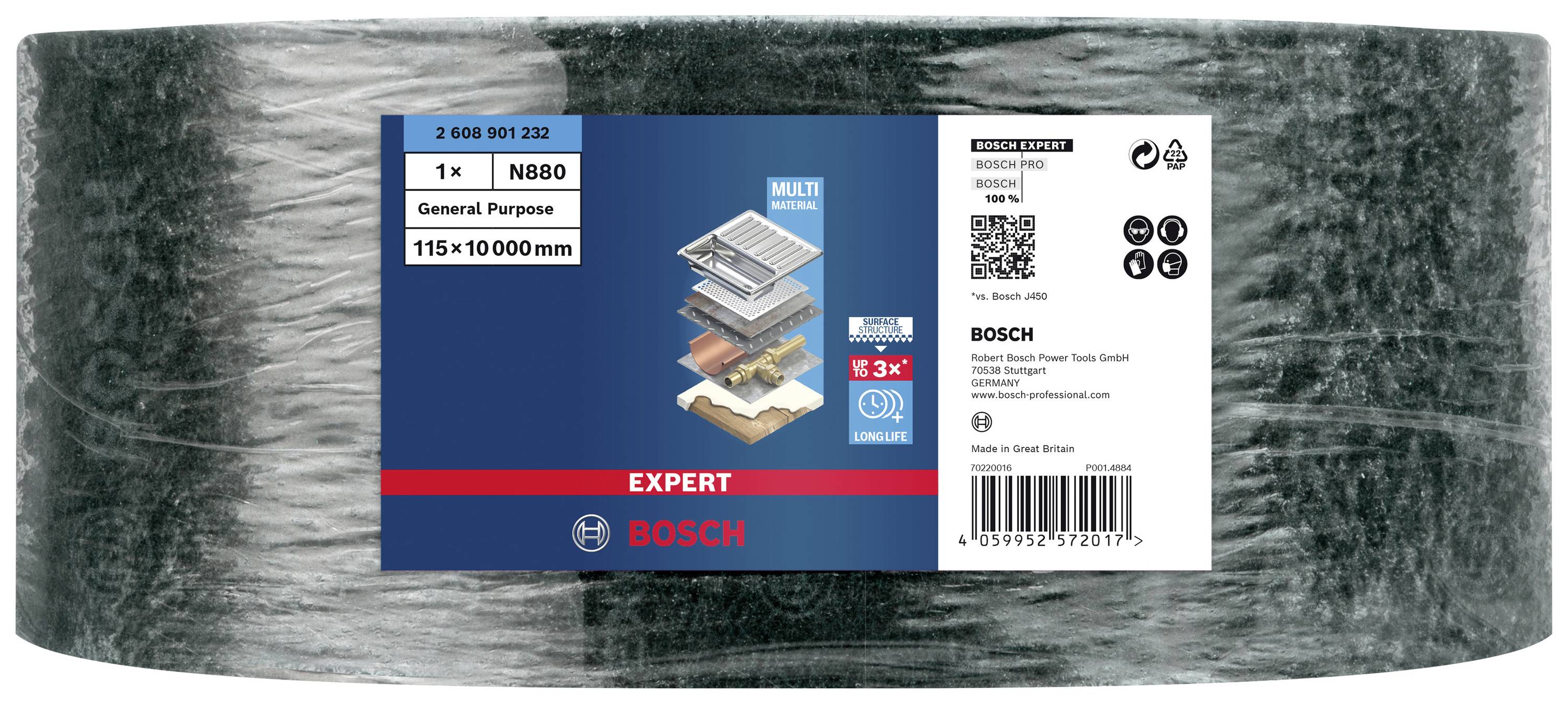 Brúsny netkaný pás Bosch, model N880, 115 x 10.000 mm, na univerzálne použitie. Balenie zobrazuje aplikácie ako opracovanie kovu.