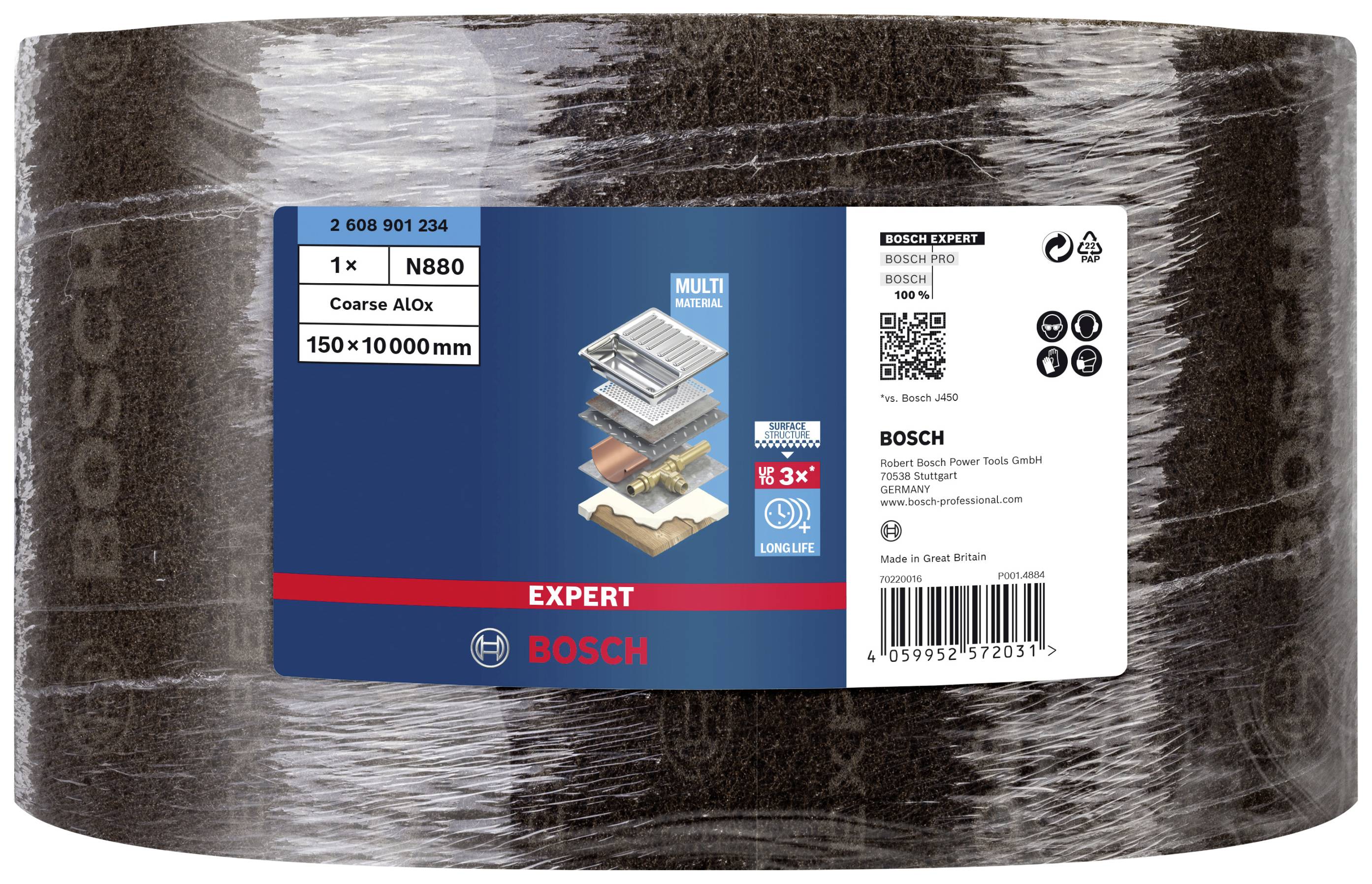 Brúsny pás Bosch, označenie: 'Expert'. Rozmery: 150 x 10000 mm. Hrubozrnný oxid hlinitý, vhodný na kov.