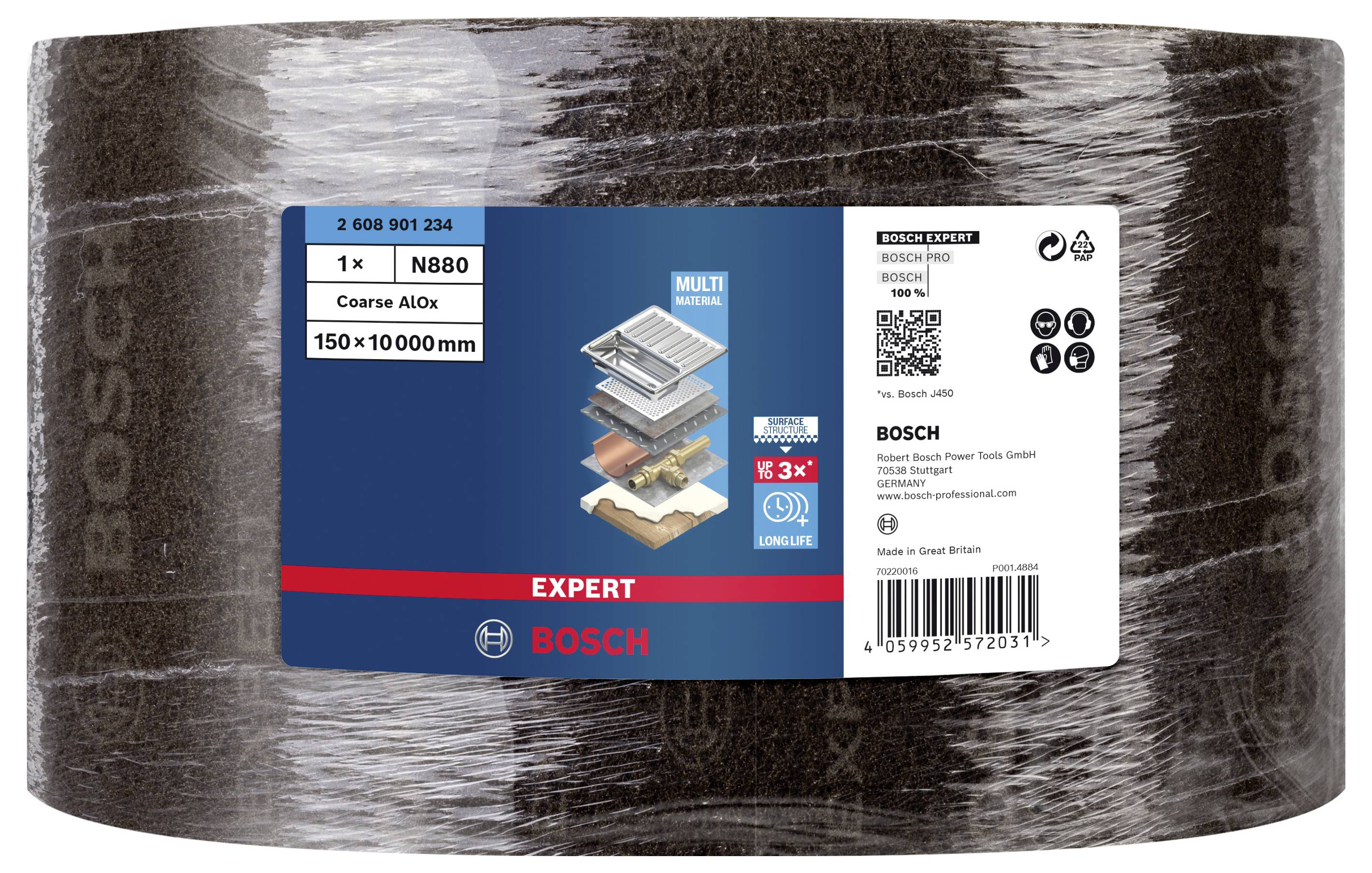 Rolka brúsneho materiálu 'Bosch Expert', hrubé zrno, rozmery 150 x 10.000 mm. Balenie zobrazuje logo a detaily produktu.