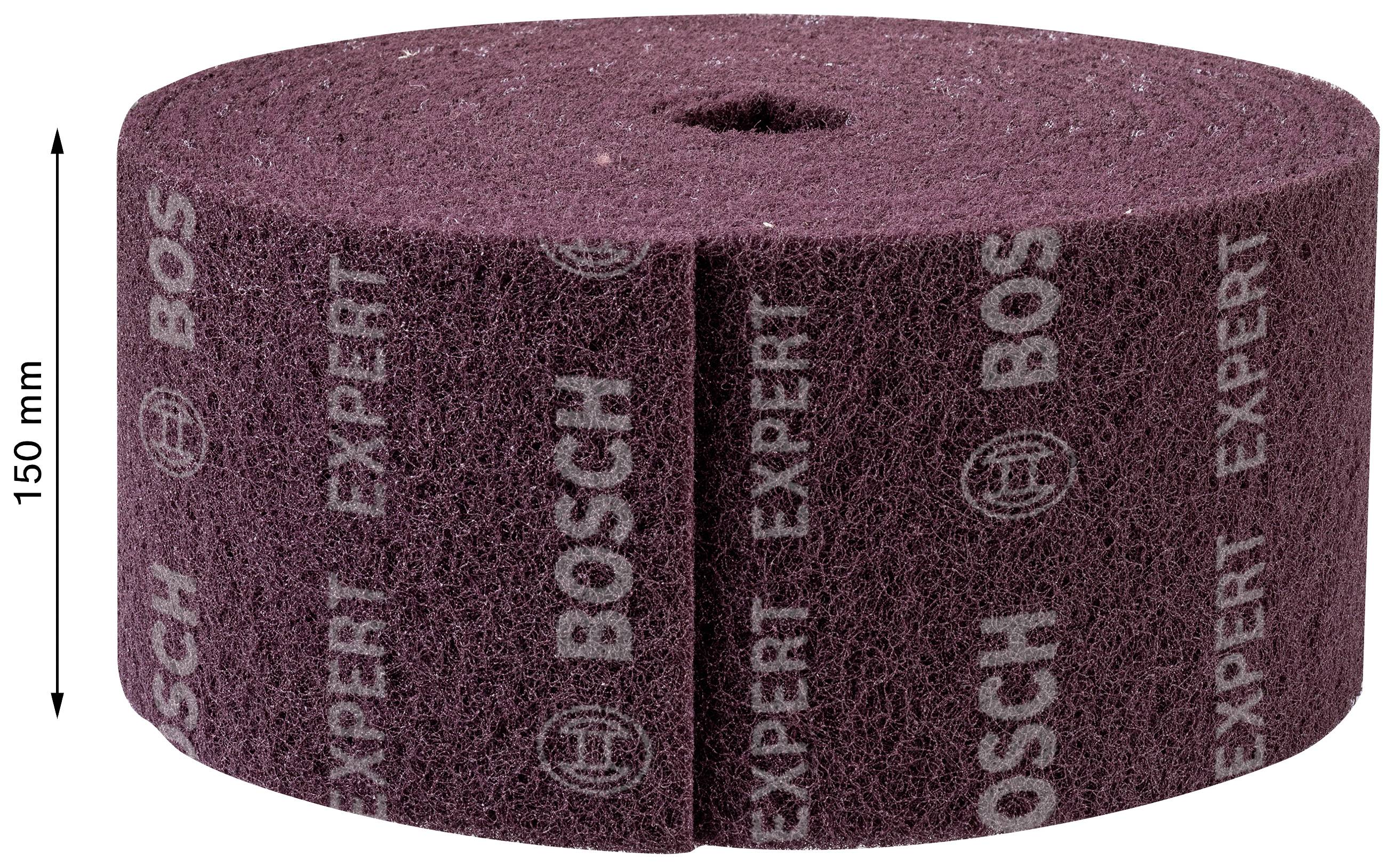 Kotúč z červenej brúsnej netkanej textílie, potlačený nápisom 'BOSCH EXPERT', široký 150 mm, vhodný na brúsenie povrchov.