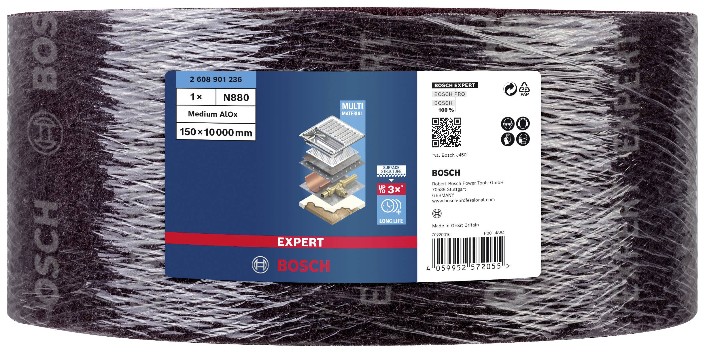 'Bosch Expert' brúsny valec, katalógové číslo N880, stredná zrnitosť 'ALOx', veľkosť 150 x 100 x 12 mm, zobrazený s obalom a etiketou.