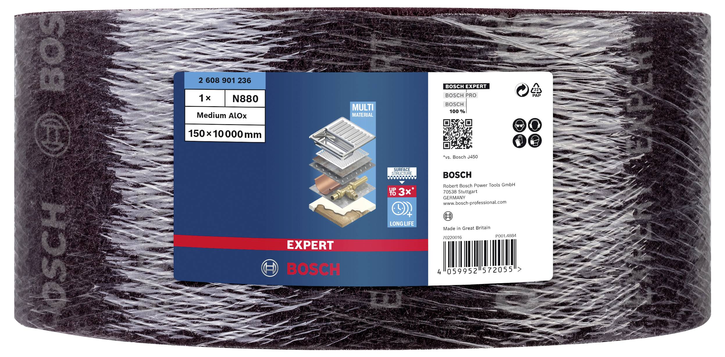 Bosch brúsny pás, rozmery 150 x 10000 mm, zrnitosť A60, vhodný pre rôzne materiály. Etiketa na obale s informáciami o výrobku.