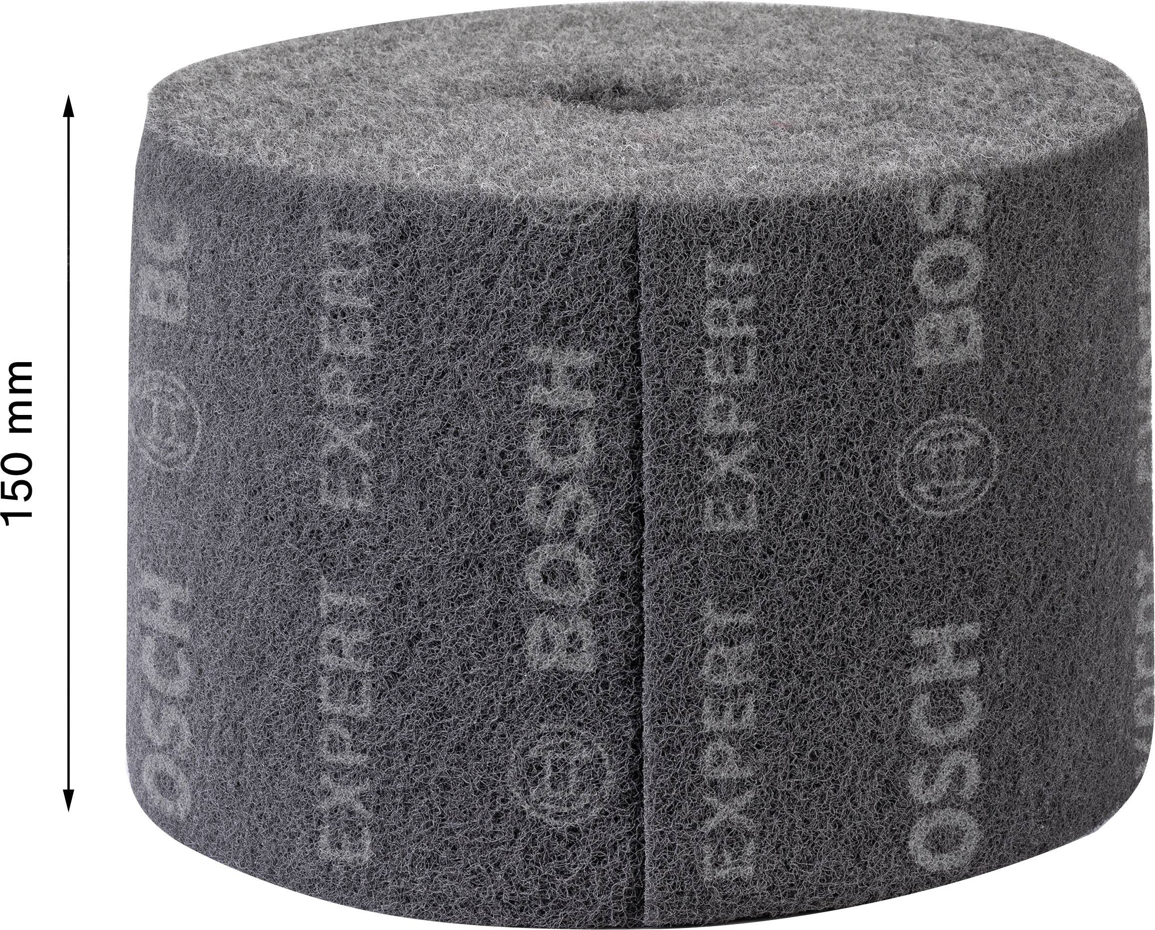 Šedý brúsny rúno-valec od Bosch, výška 150 mm, potlačený logom 'Expert' a značkou. Vhodný na brúsenie povrchov.
