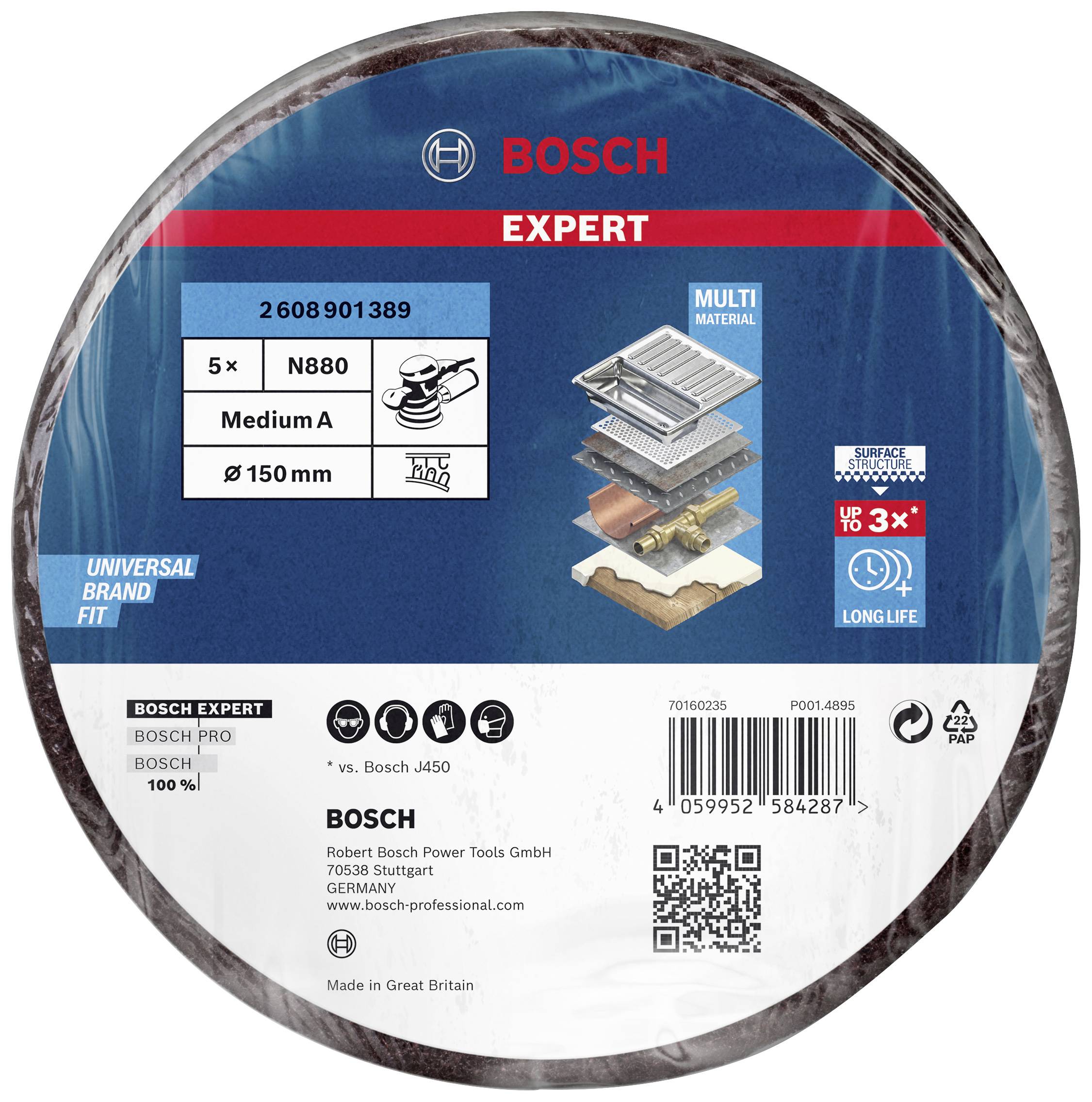 Brúsny kotúč Bosch, model 'Expert'. Obsahuje 5 kotúčov, vhodný pre viaceré materiály, priemer 150 mm, N880 stredný A.
