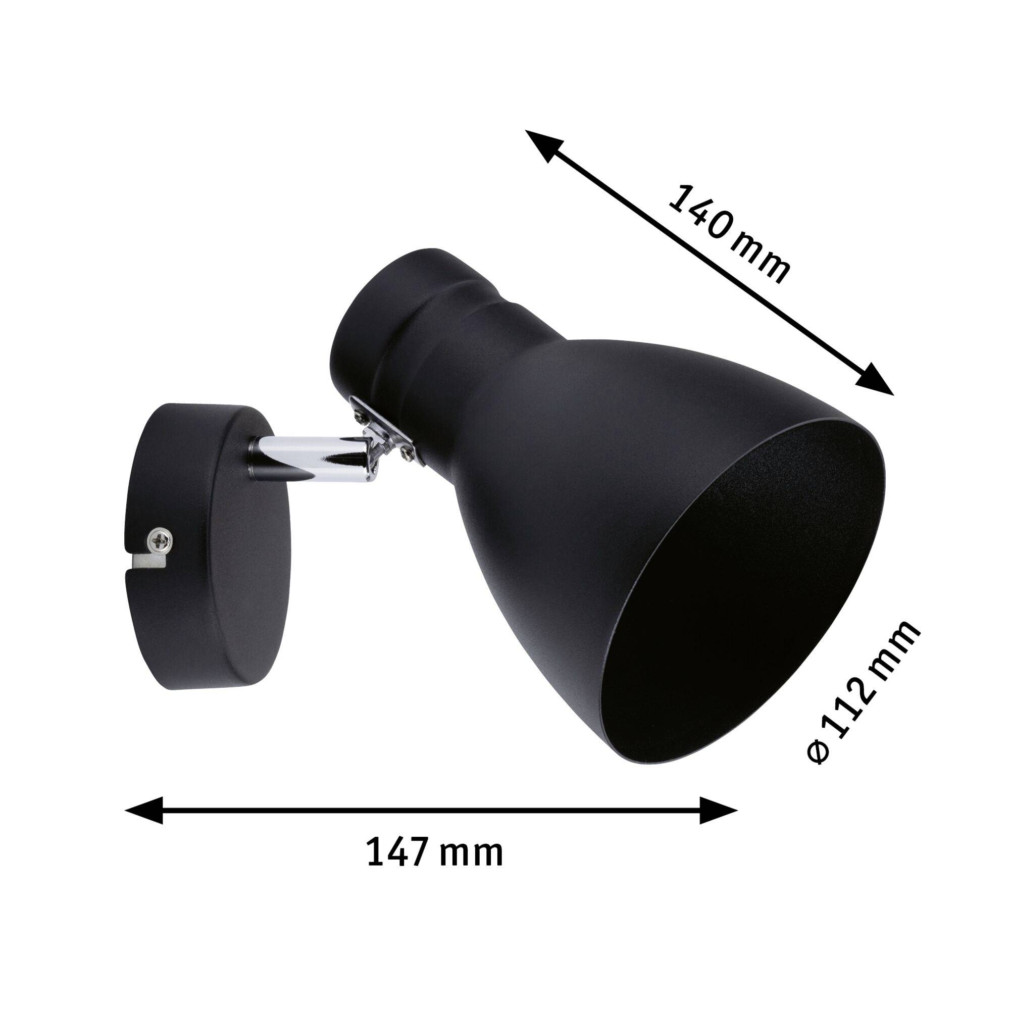 Čierna nástenná lampa s nastaviteľnou hlavou. Rozmery: 140 mm dĺžka, 112 mm priemer, 147 mm šírka. Vhodná do interiéru.