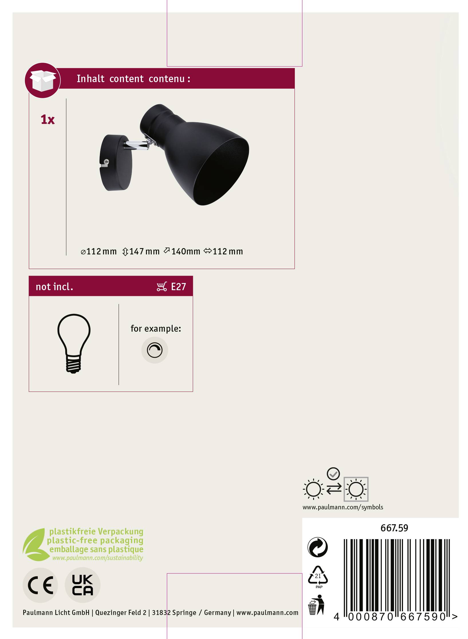 Čierne nastaviteľné nástenné svietidlo, obsahuje 1x svietidlo, žiarovka E27 nie je súčasťou balenia. Rozmery: Ø112 mm, Ø147 mm, Ø140 mm, Ø112 mm.