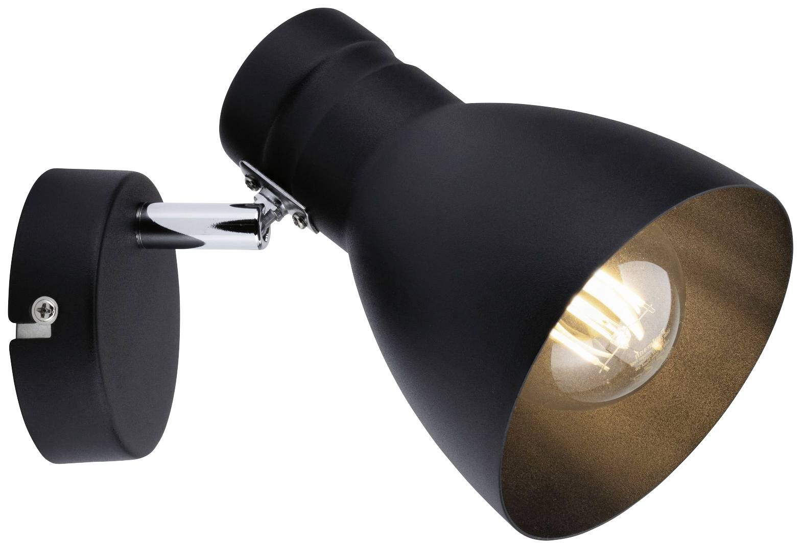 Čierna nástenná lampa so viditeľnou žiarovkou smerujúcou nadol. Je upevnená na kruhovom držiaku na stenu.