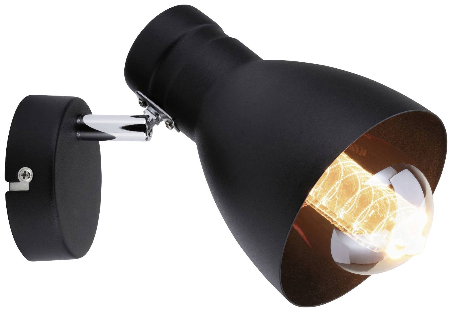 Čierna nástenná lampa s nastaviteľnou hlavou. Žiarovka so viditeľným žeraviacim vláknom jasne svieti vo vnútri.