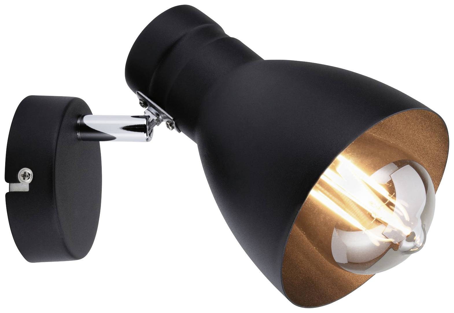 Čierna nástenná lampa s viditeľnou žiarovkou vyžarujúcou teplé svetlo. Držiak je vyrobený z kovu.